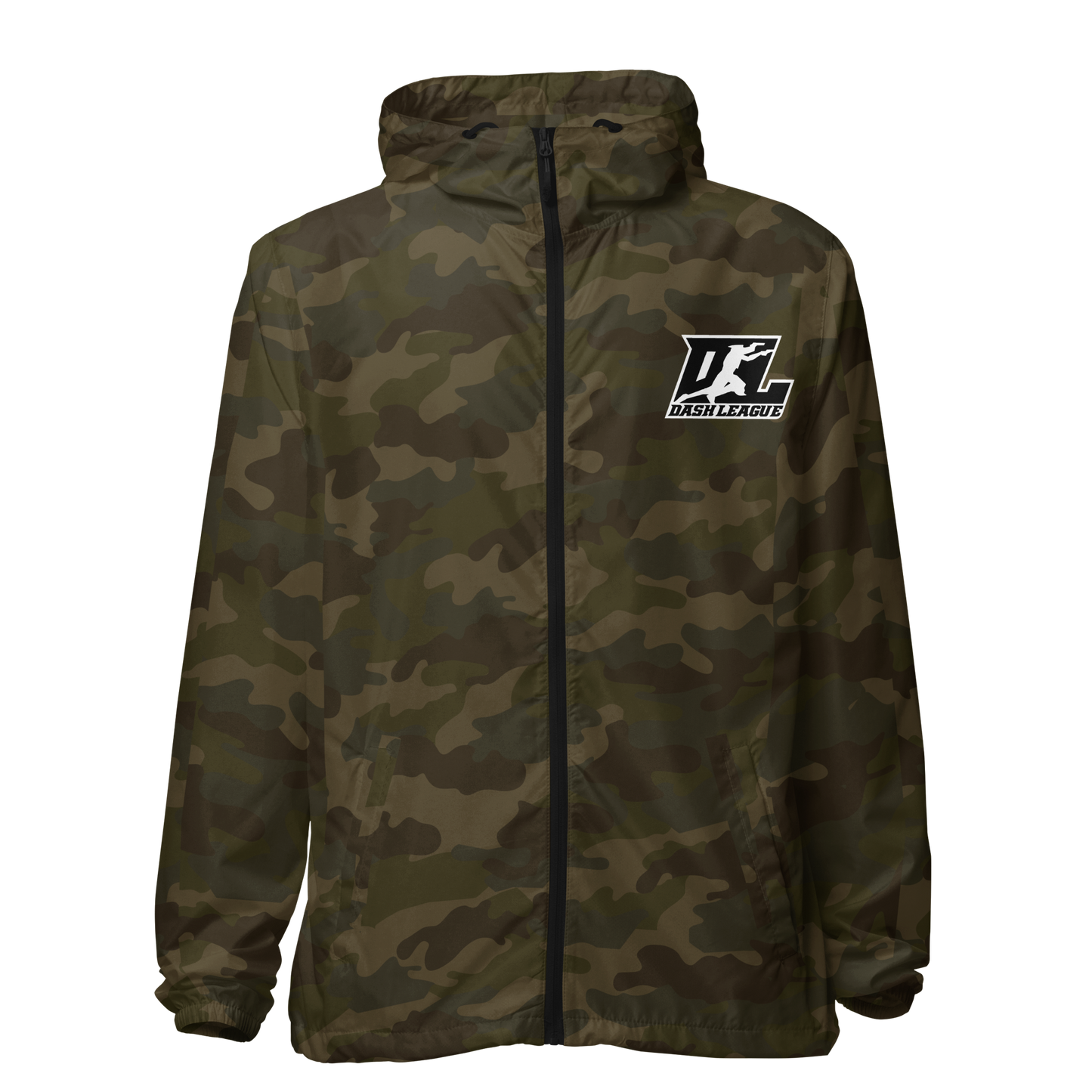 Cortavientos unisex negro con logotipo DL en contorno blanco