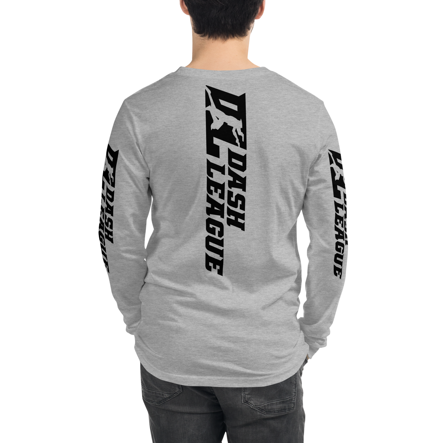 Camisa unisex de manga larga negra con logotipo DL ancho (parte delantera, trasera y mangas)