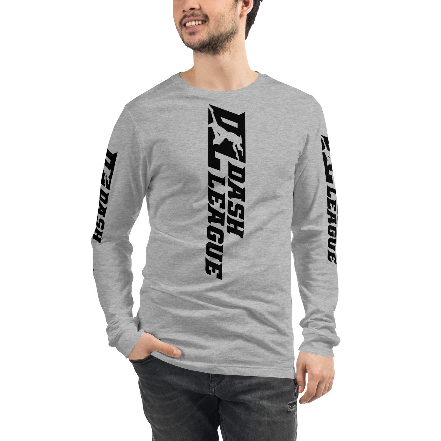 Camisa unisex de manga larga negra con logotipo DL ancho (parte delantera, trasera y mangas)
