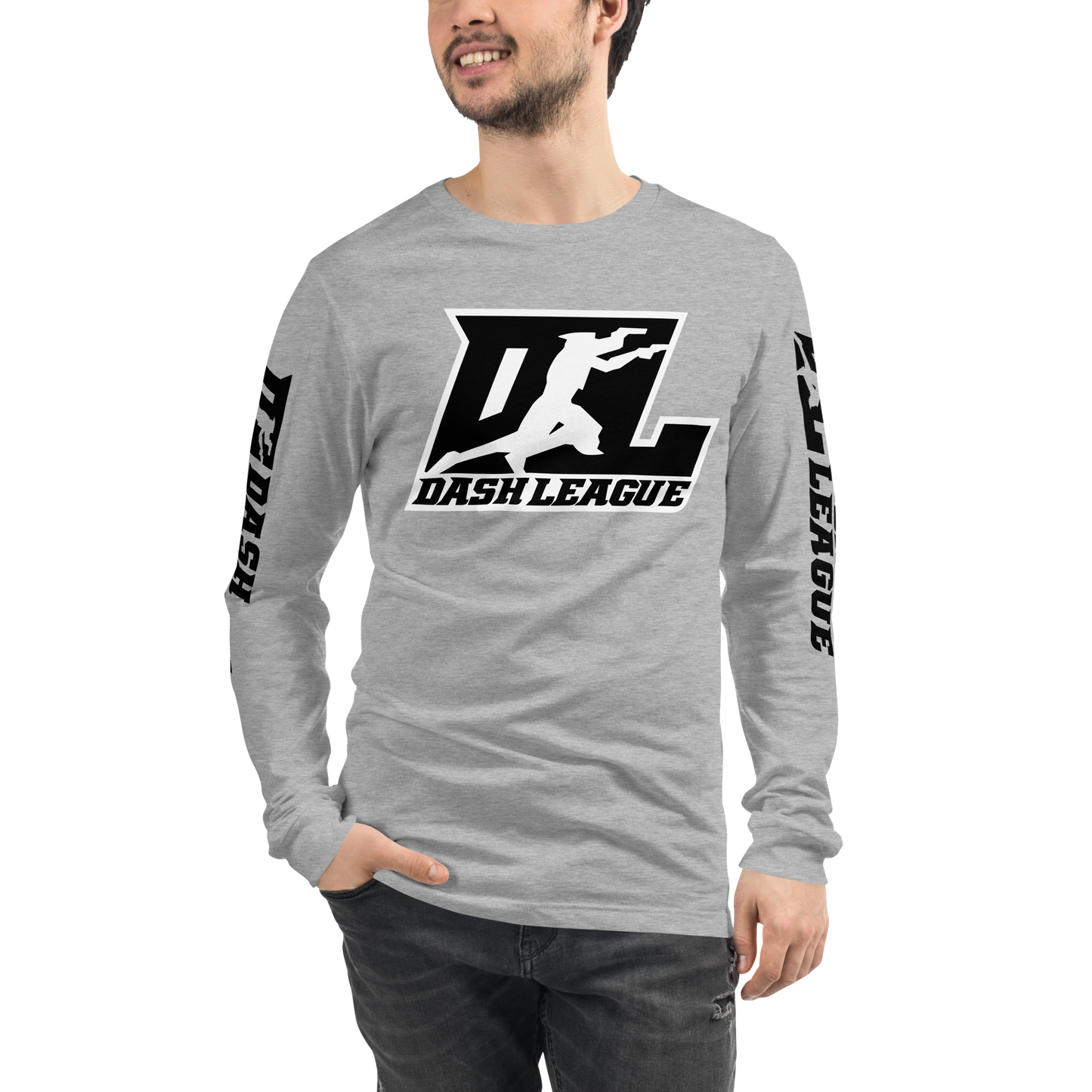 Camisa unisex de manga larga negra con logotipo DL en contorno blanco (parte delantera y mangas)