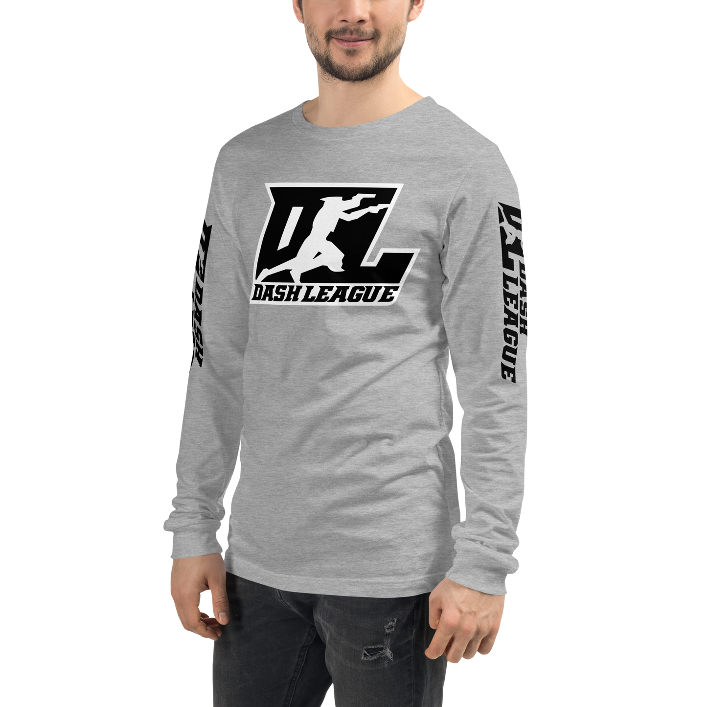 Camisa unisex de manga larga negra con logotipo DL en contorno blanco (parte delantera y mangas)