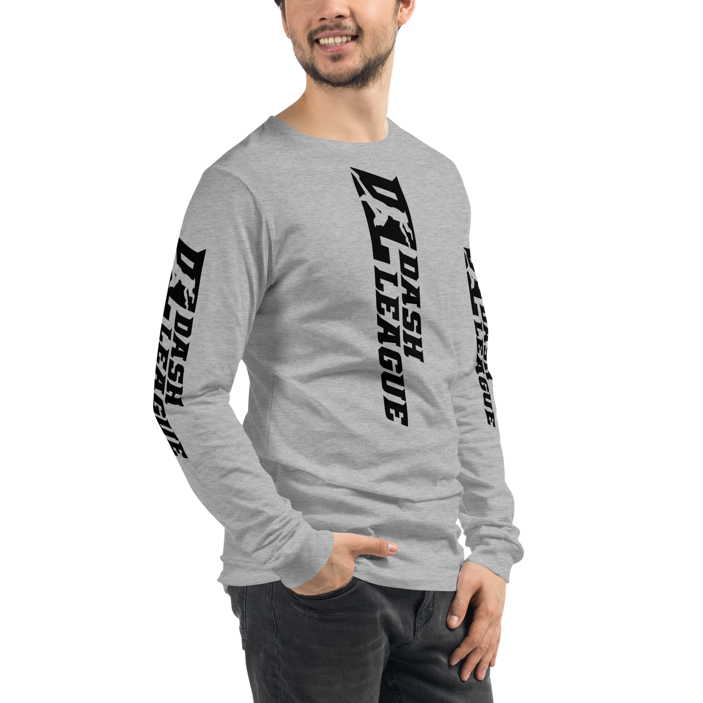Camisa unisex de manga larga negra con logotipo DL ancho (parte delantera, trasera y mangas)