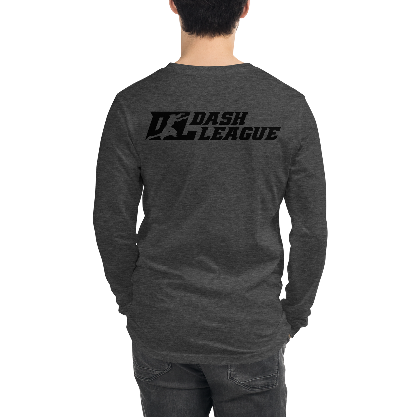 Camisa unisex de manga larga negra con logotipo DL en contorno blanco (parte delantera y trasera)