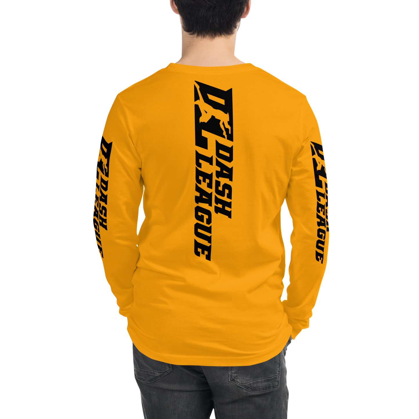 Camisa unisex de manga larga negra con logotipo DL ancho (parte delantera, trasera y mangas)
