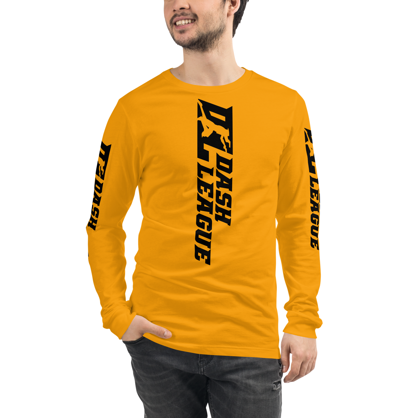 Camisa unisex de manga larga negra con logotipo DL ancho (parte delantera, trasera y mangas)