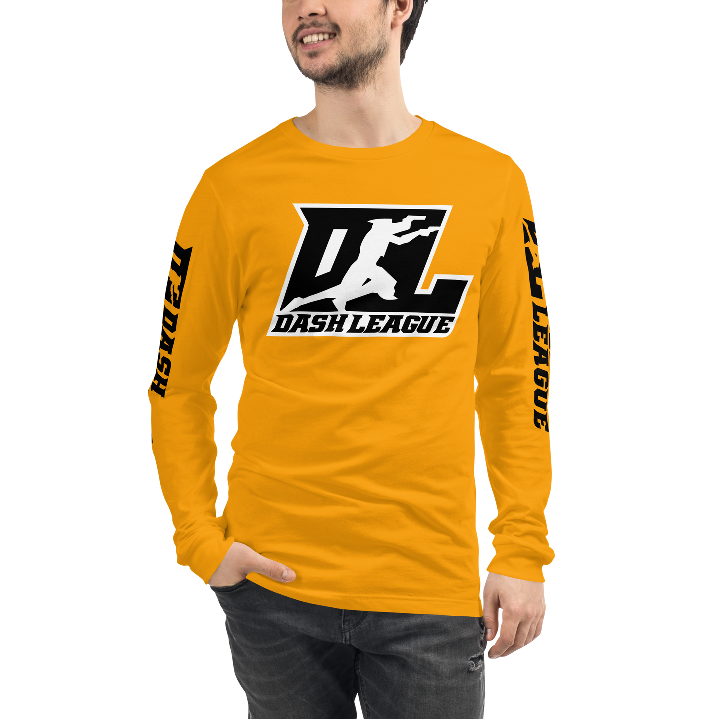 Camisa unisex de manga larga negra con logotipo DL en contorno blanco (parte delantera y mangas)