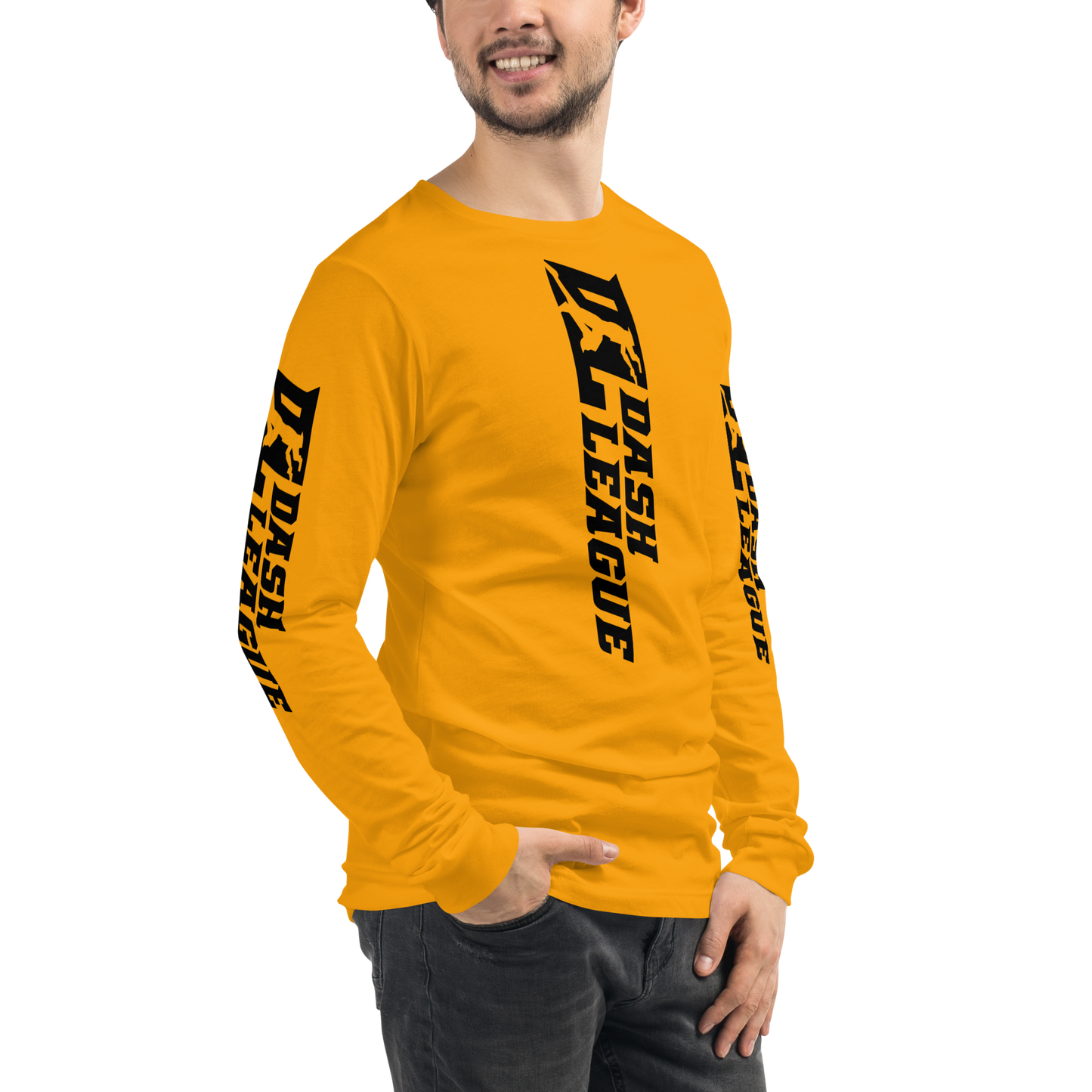 Camisa unisex de manga larga negra con logotipo DL ancho (parte delantera, trasera y mangas)