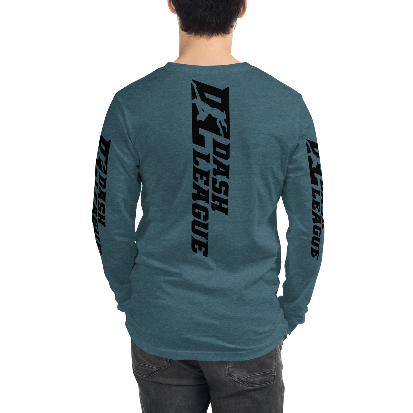 Camisa unisex de manga larga negra con logotipo DL ancho (parte delantera, trasera y mangas)
