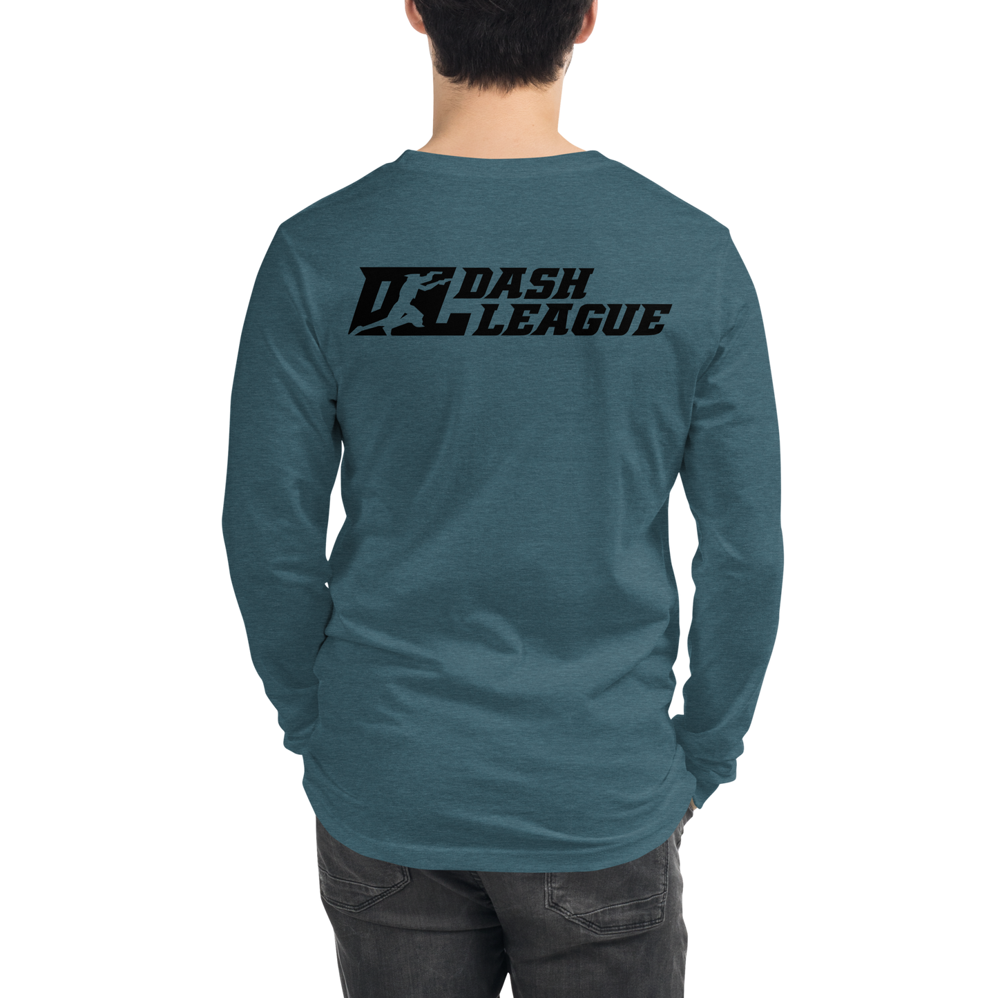 Camisa unisex de manga larga negra con logotipo DL en contorno blanco (parte delantera y trasera)