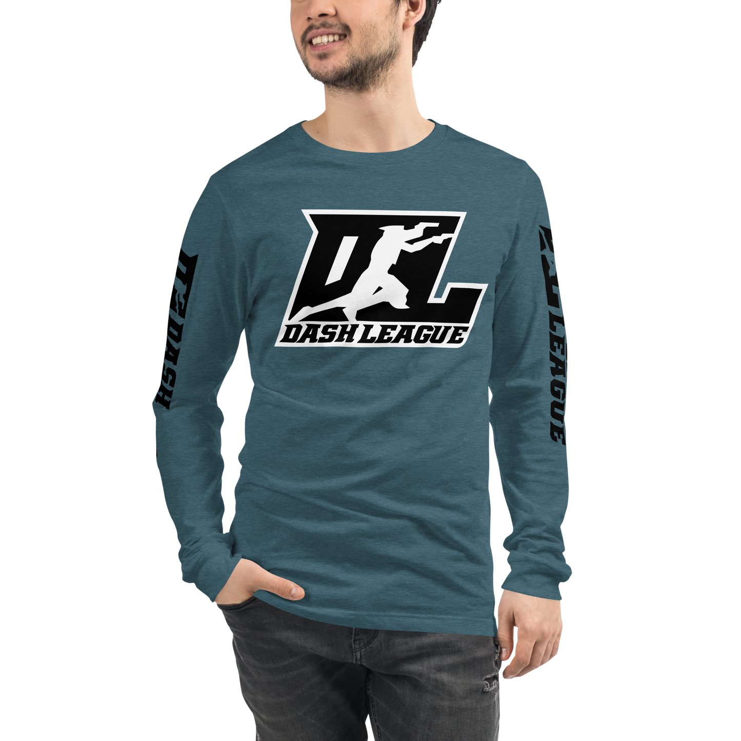 Camisa unisex de manga larga negra con logotipo DL en contorno blanco (parte delantera y mangas)