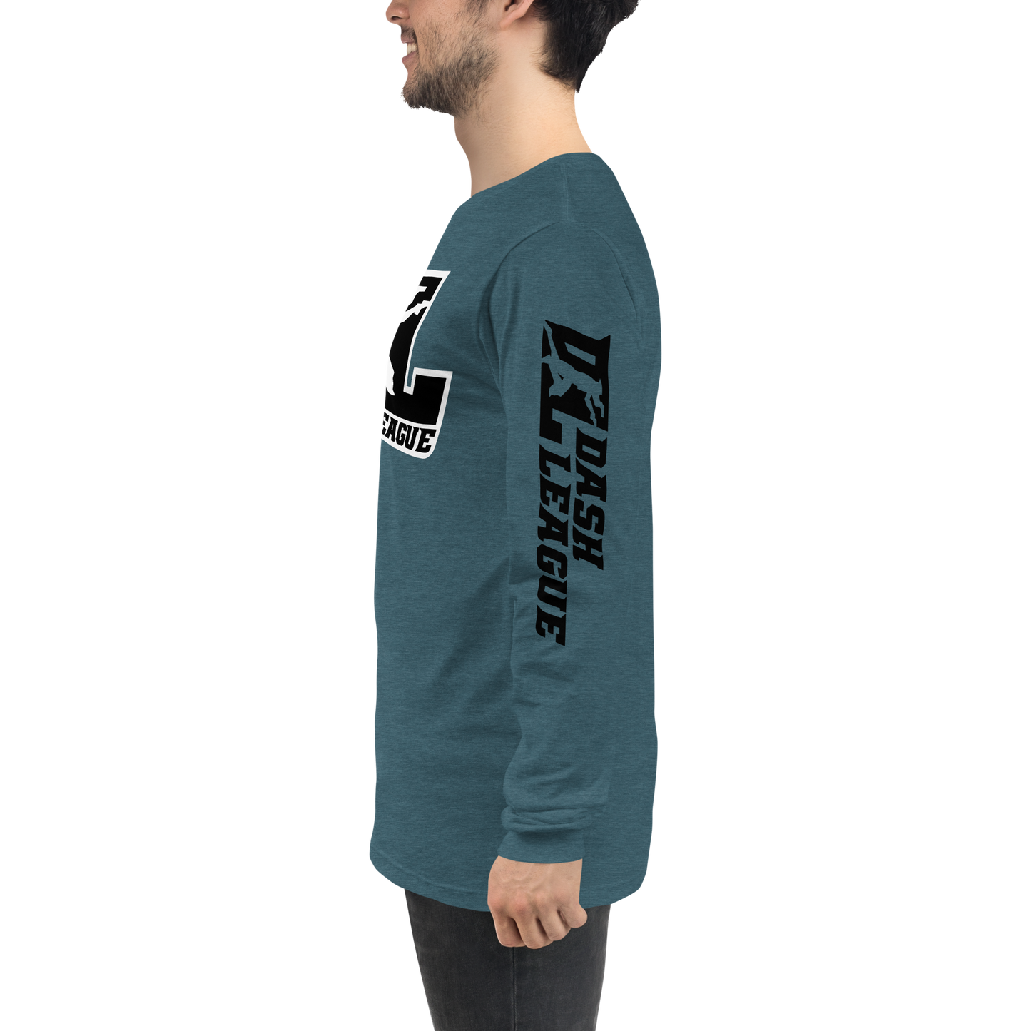 Camisa unisex de manga larga negra con logotipo DL en contorno blanco (parte delantera y mangas)