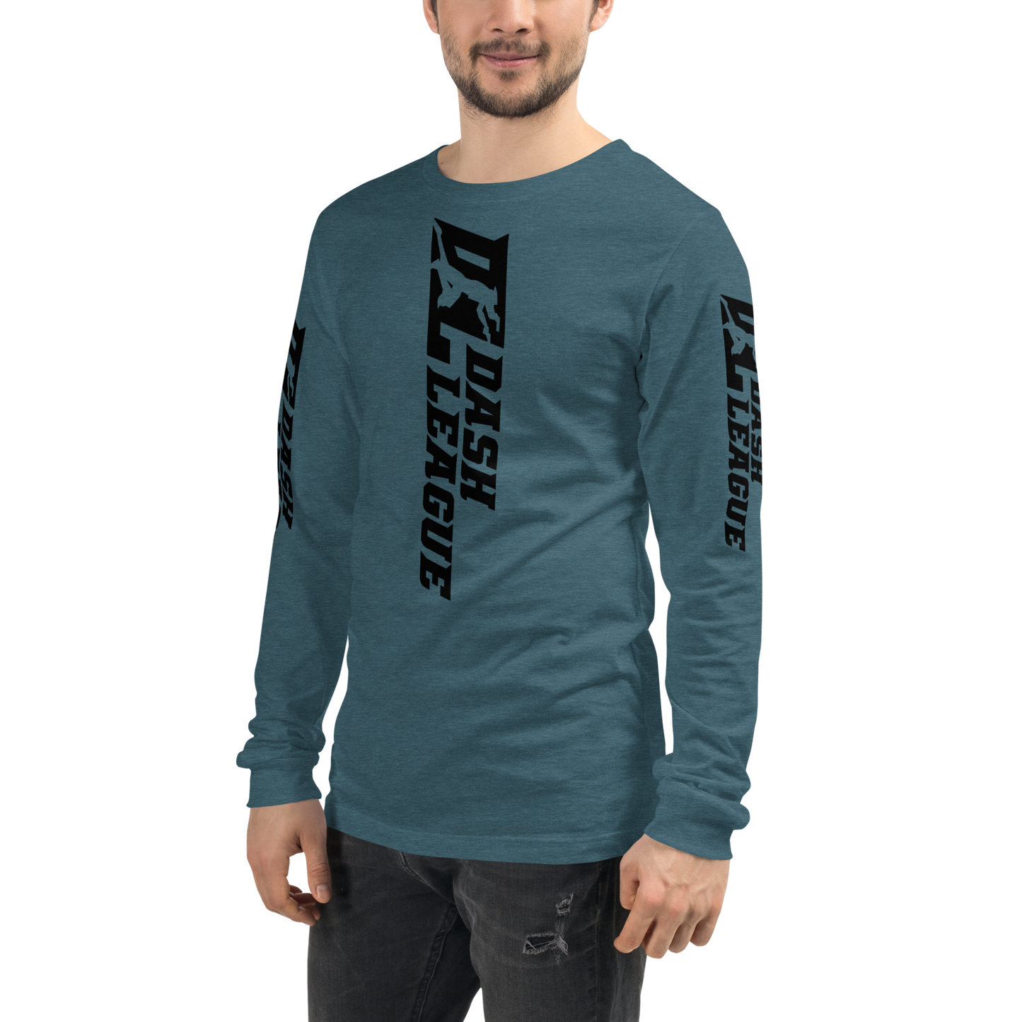 Camisa unisex de manga larga negra con logotipo DL ancho (parte delantera, trasera y mangas)