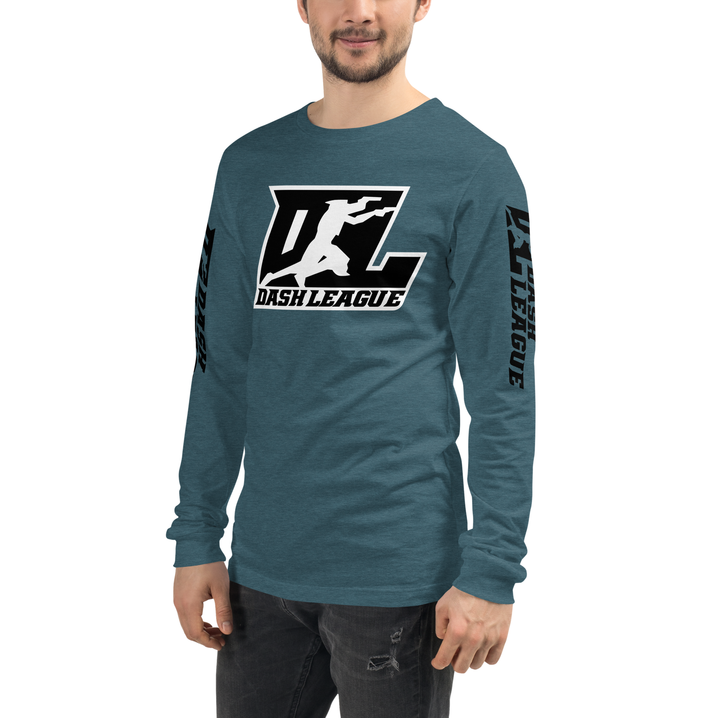 Camisa unisex de manga larga negra con logotipo DL en contorno blanco (parte delantera y mangas)