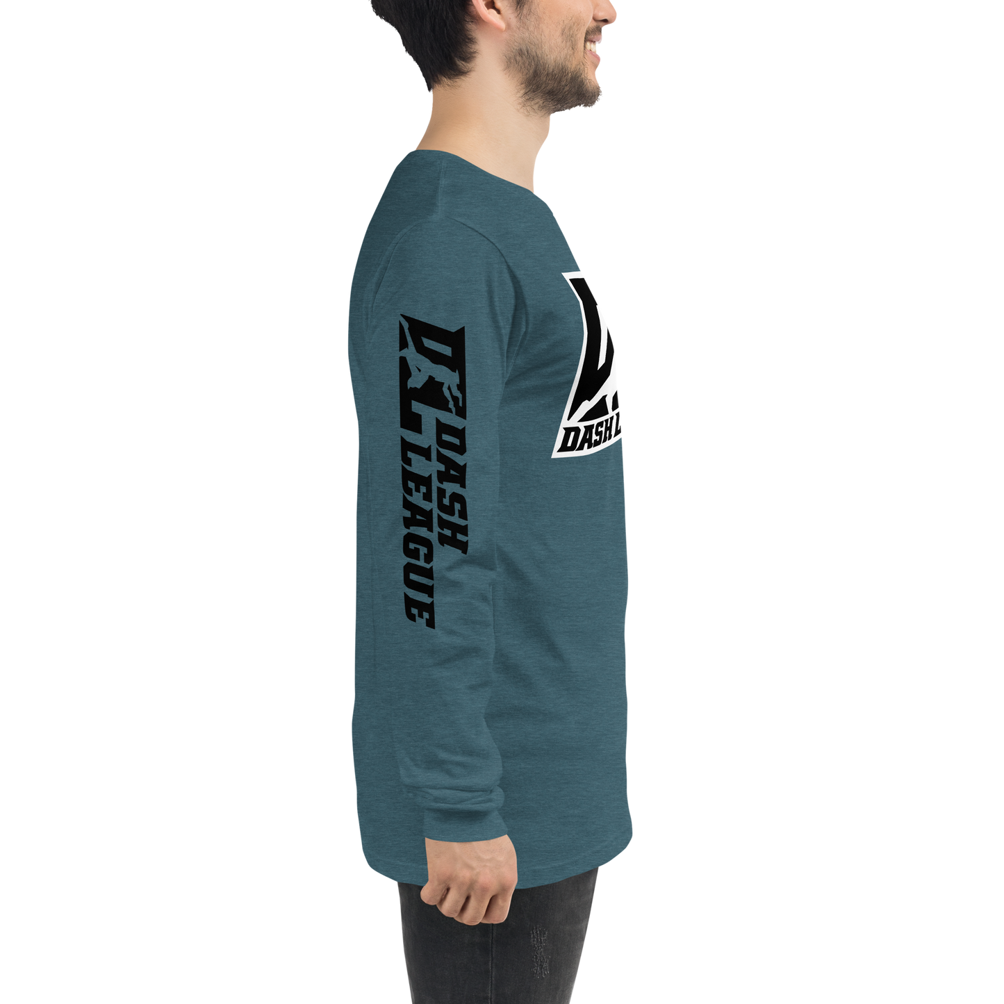 Camisa unisex de manga larga negra con logotipo DL en contorno blanco (parte delantera y mangas)