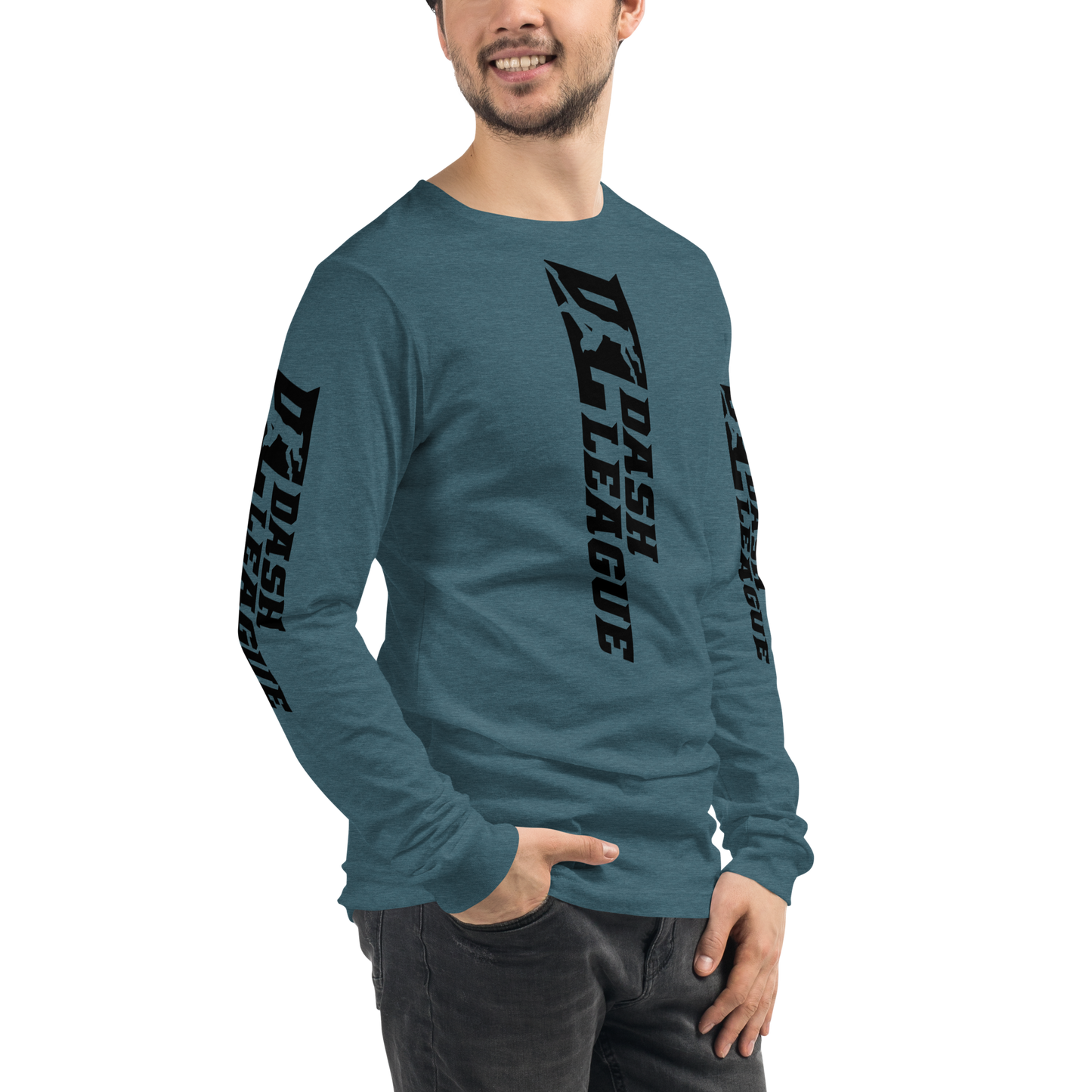 Camisa unisex de manga larga negra con logotipo DL ancho (parte delantera, trasera y mangas)