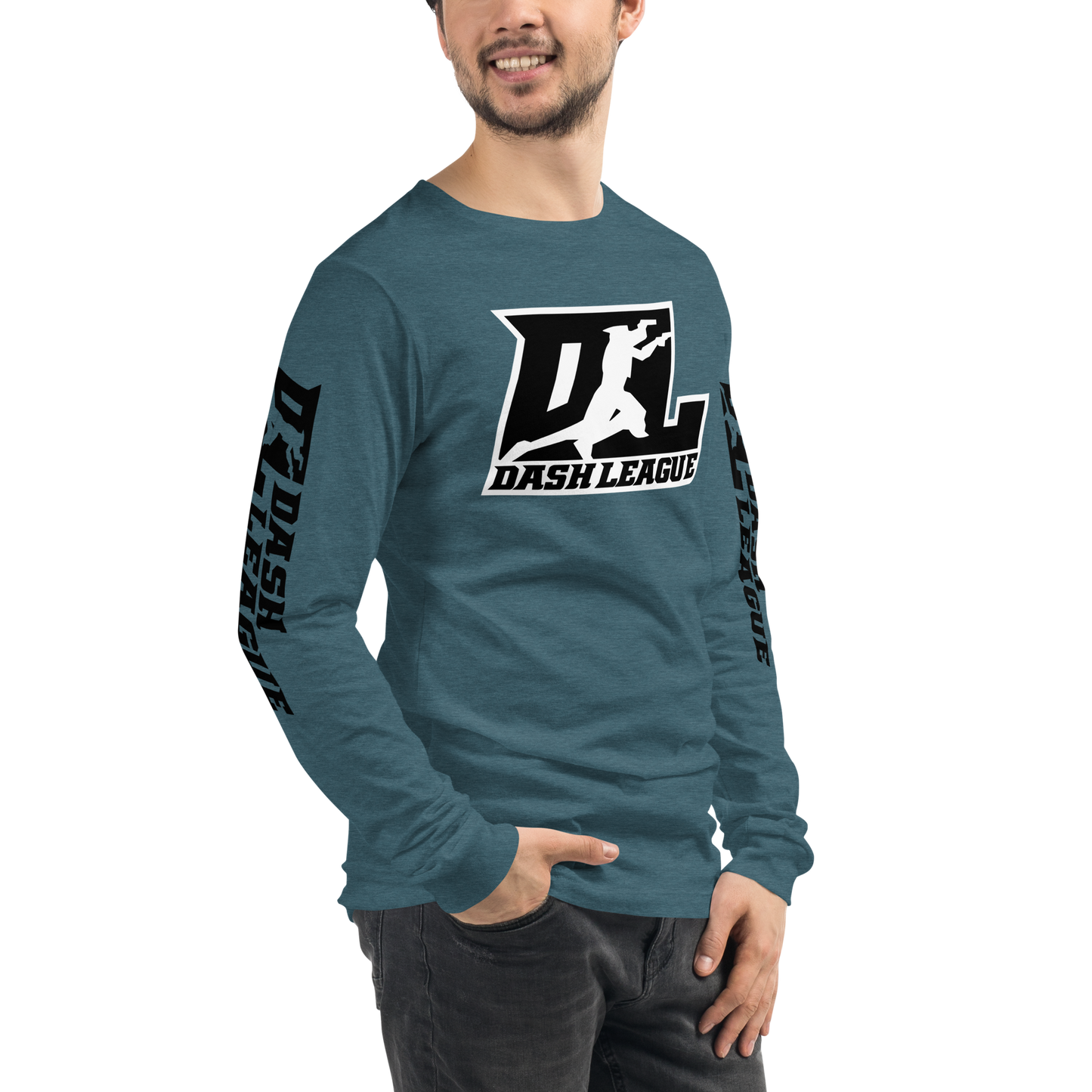 Camisa unisex de manga larga negra con logotipo DL en contorno blanco (parte delantera y mangas)