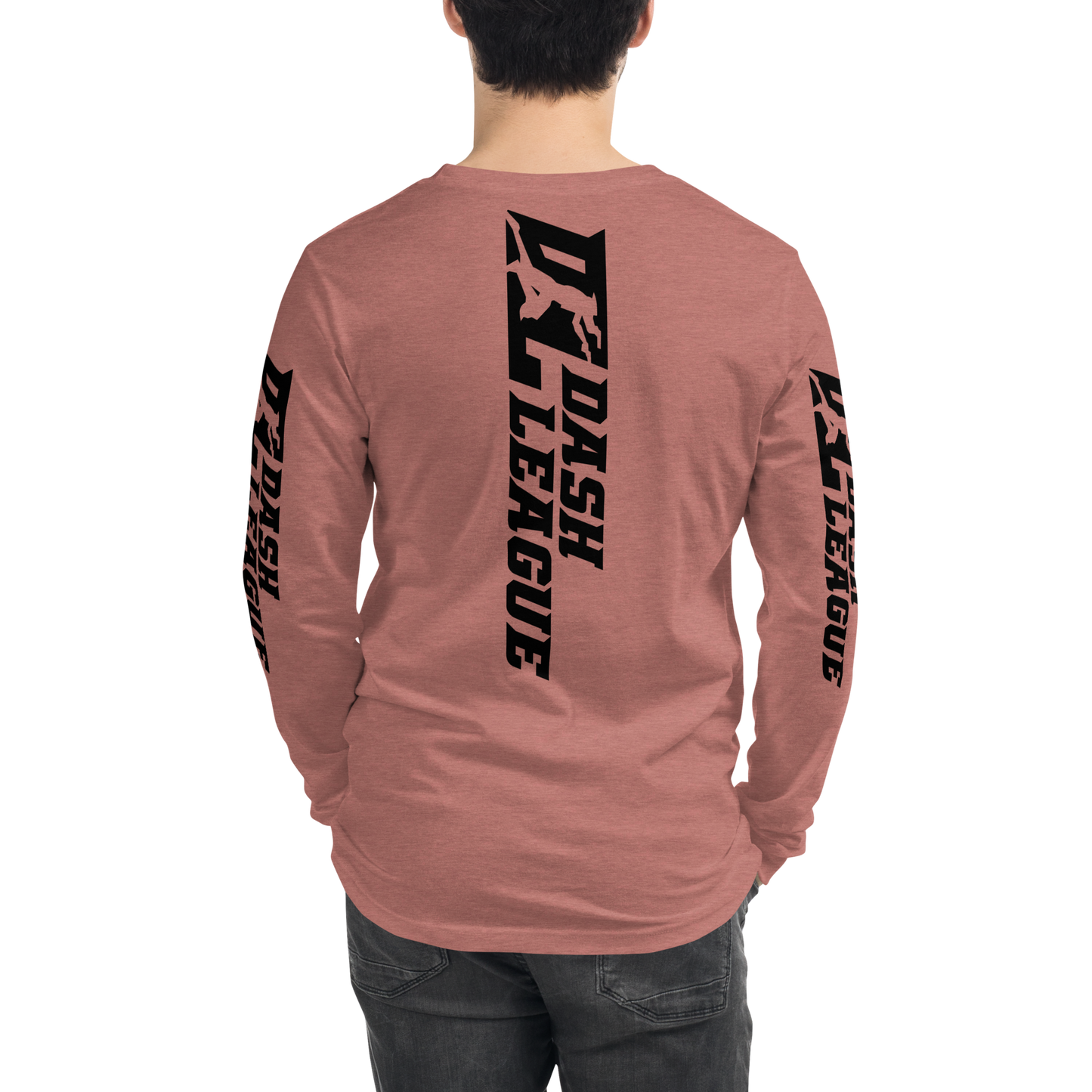 Camisa unisex de manga larga negra con logotipo DL ancho (parte delantera, trasera y mangas)