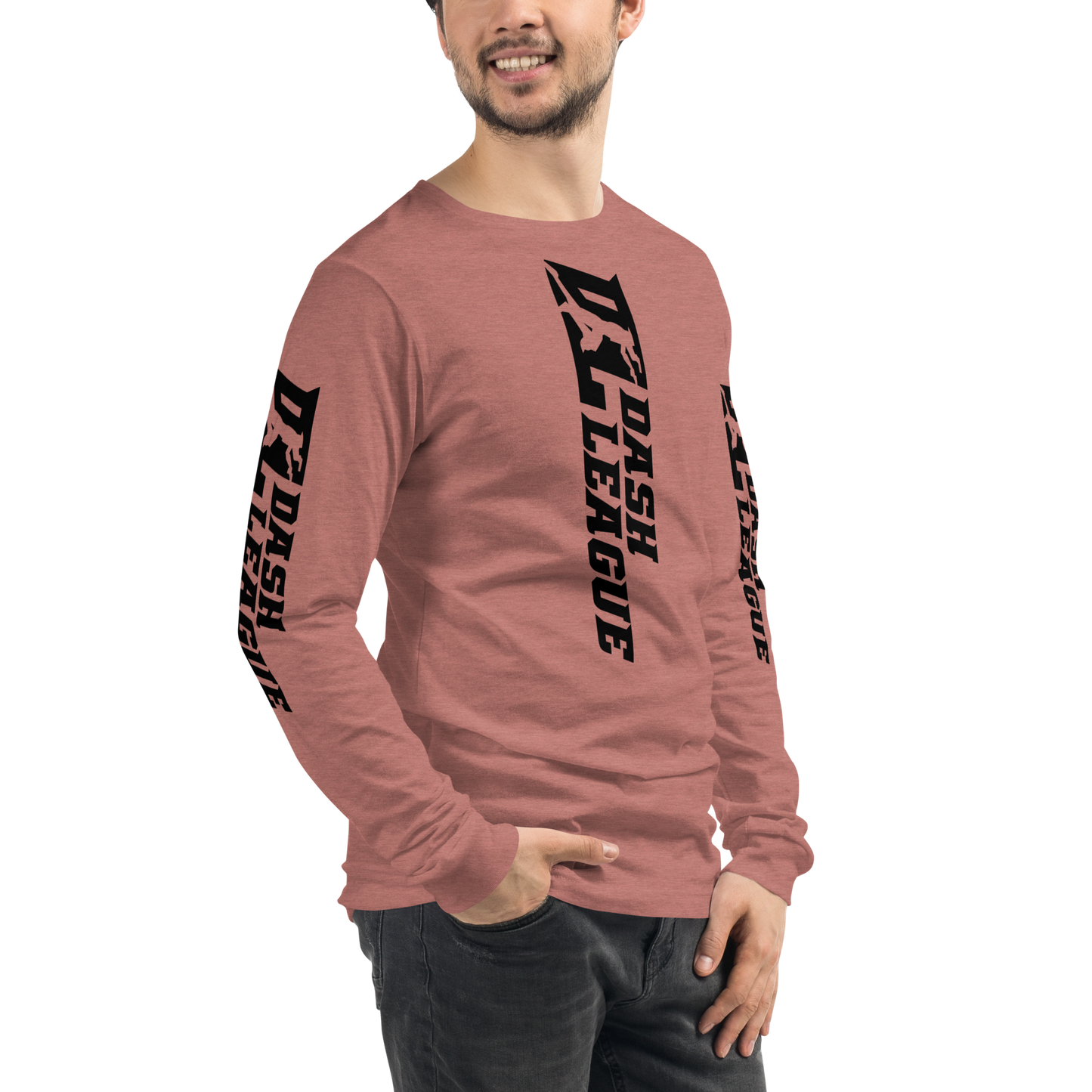 Camisa unisex de manga larga negra con logotipo DL ancho (parte delantera, trasera y mangas)