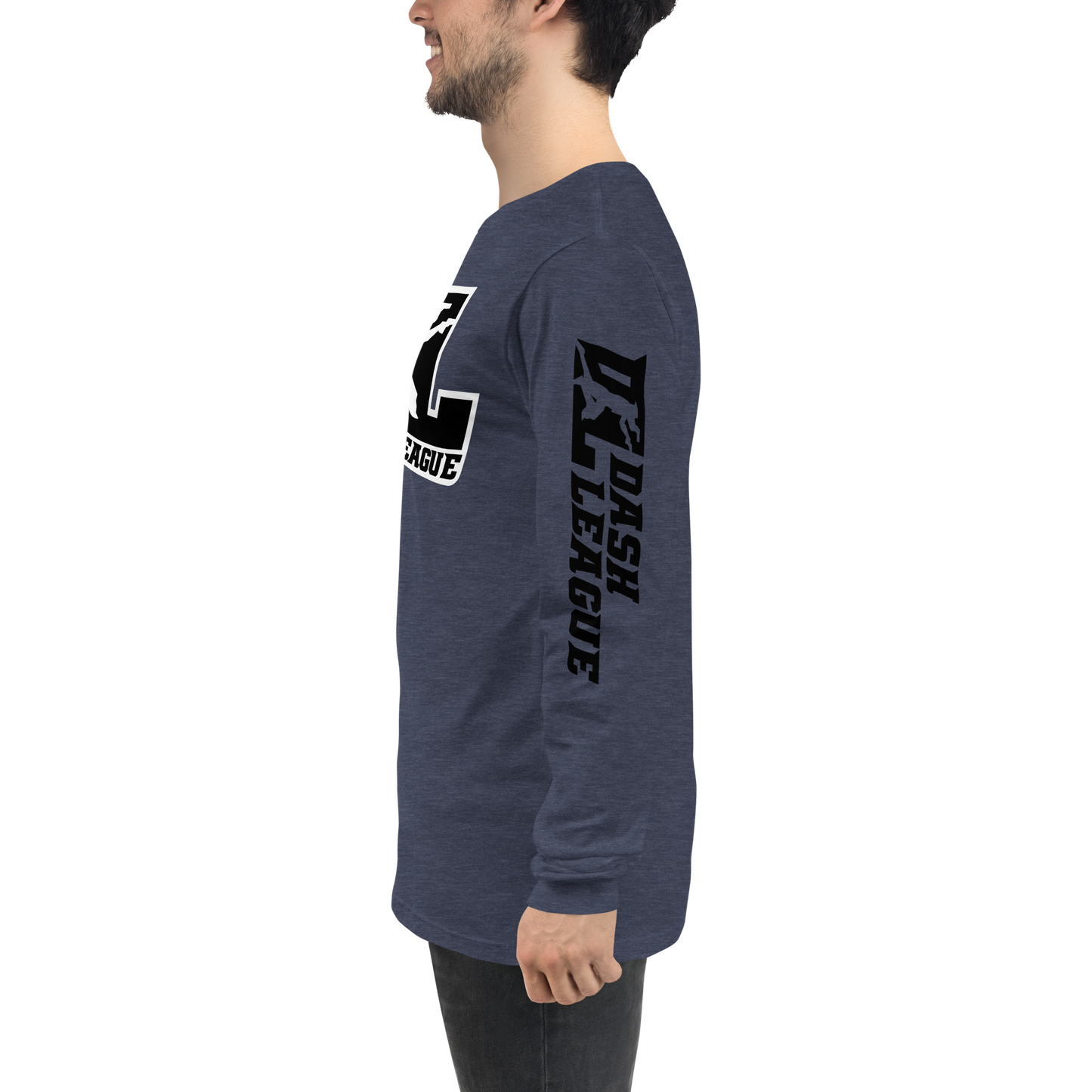 Camisa unisex de manga larga negra con logotipo DL en contorno blanco (parte delantera y mangas)