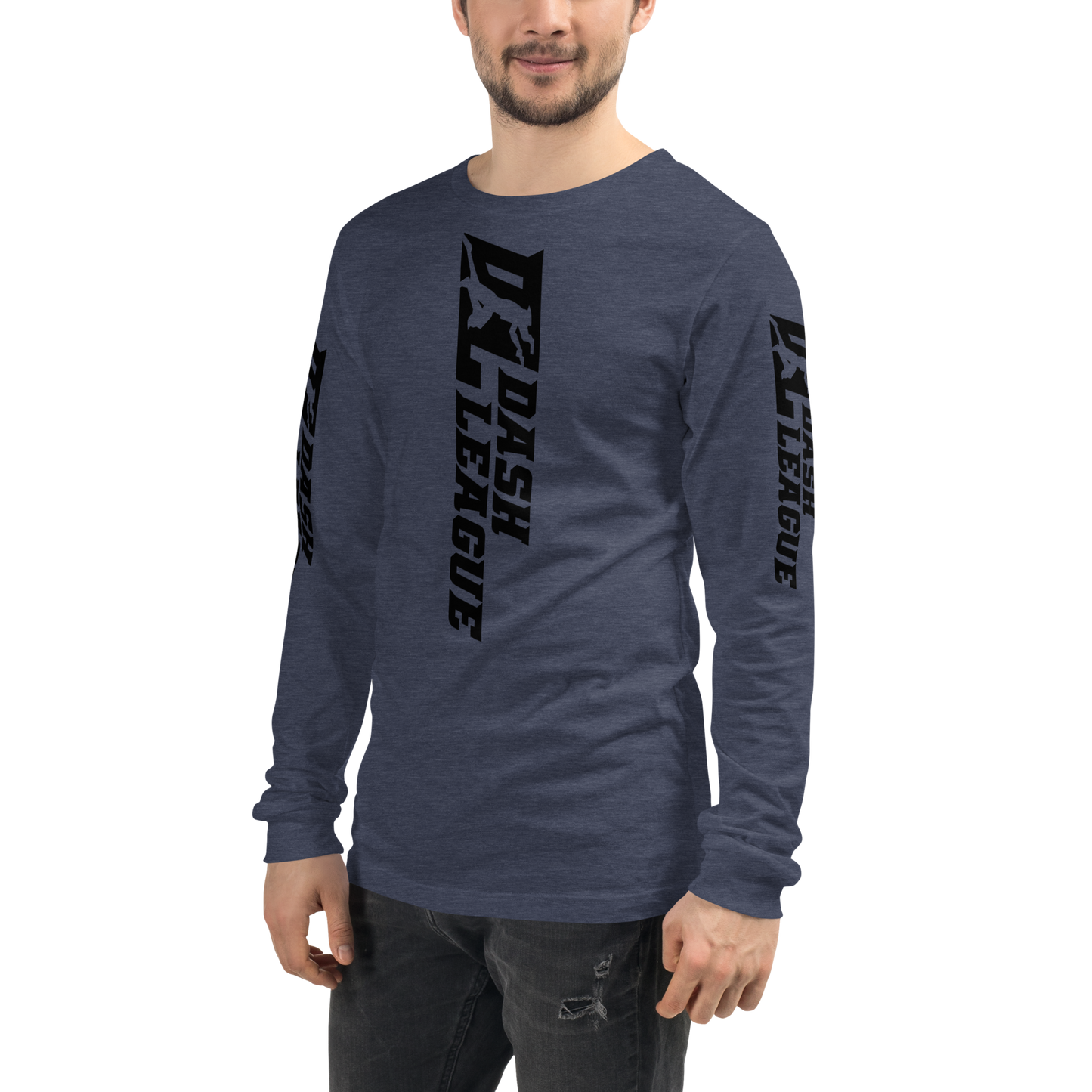Camisa unisex de manga larga negra con logotipo DL ancho (parte delantera, trasera y mangas)