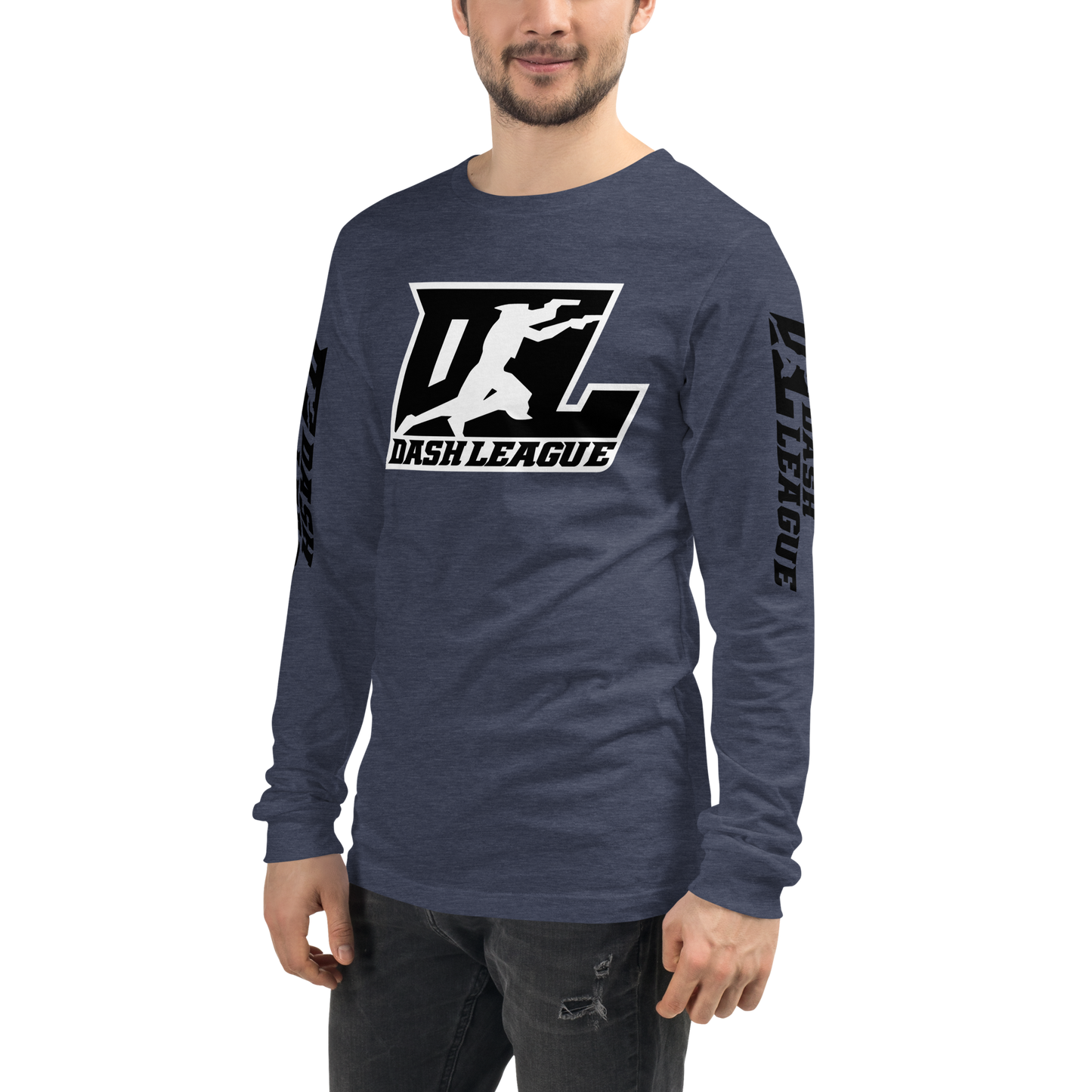 Camisa unisex de manga larga negra con logotipo DL en contorno blanco (parte delantera y mangas)