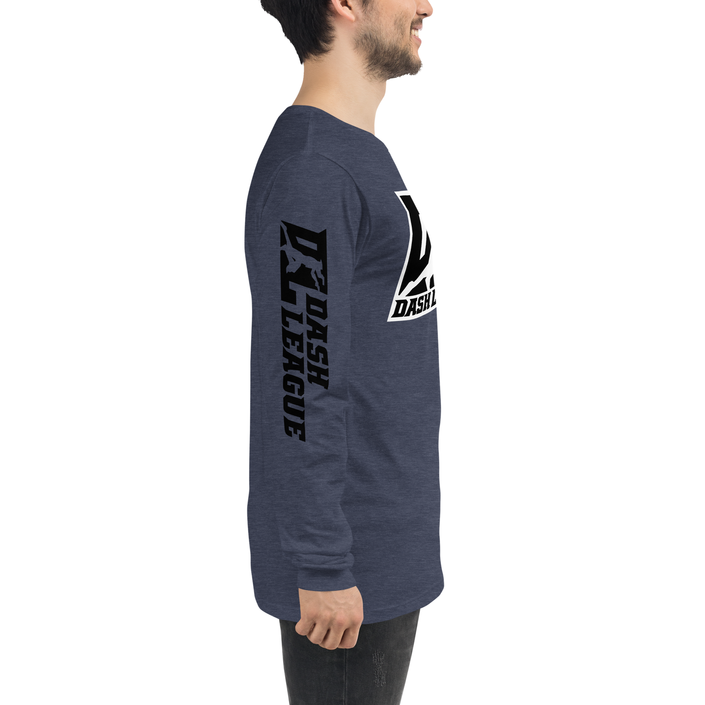 Camisa unisex de manga larga negra con logotipo DL en contorno blanco (parte delantera y mangas)