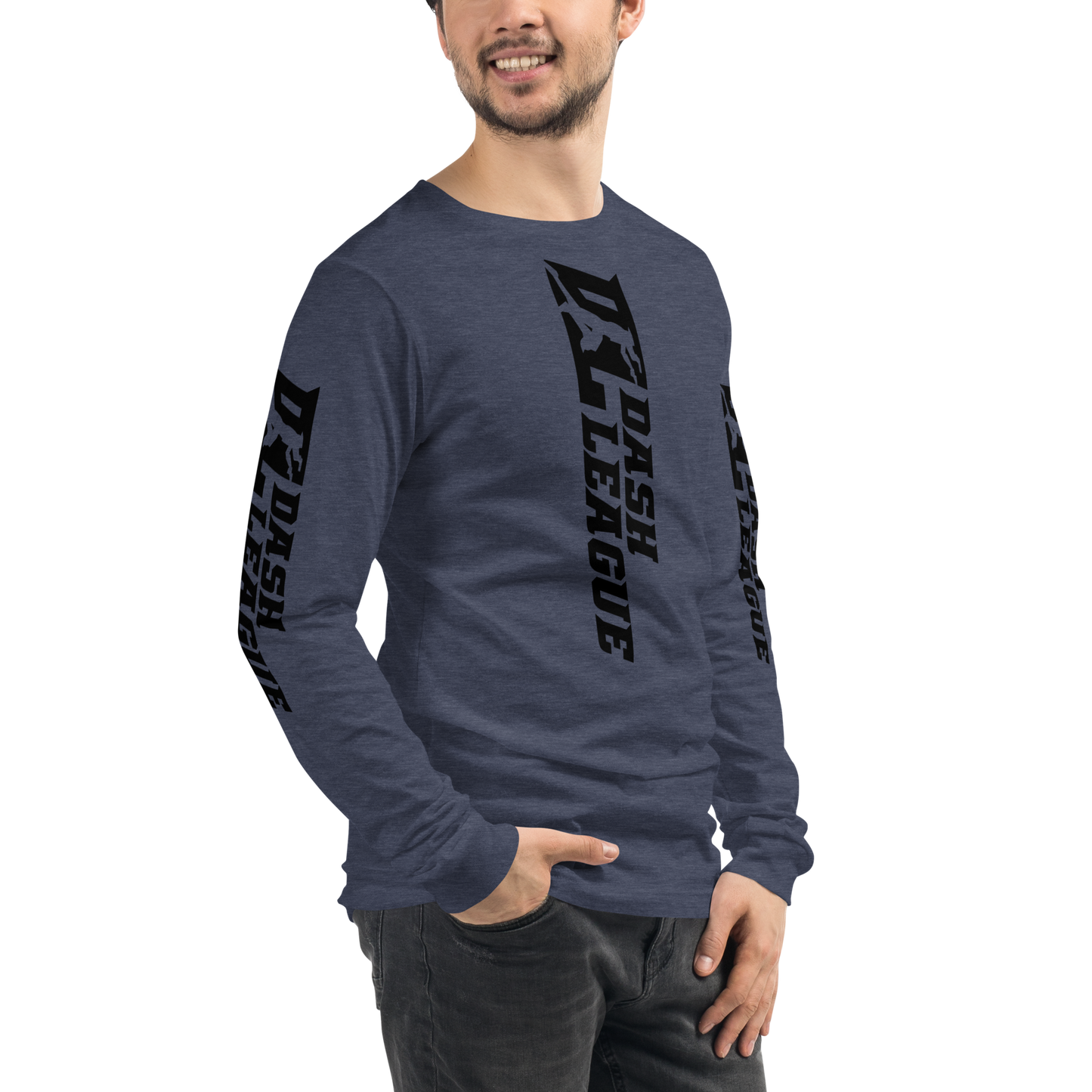 Camisa unisex de manga larga negra con logotipo DL ancho (parte delantera, trasera y mangas)