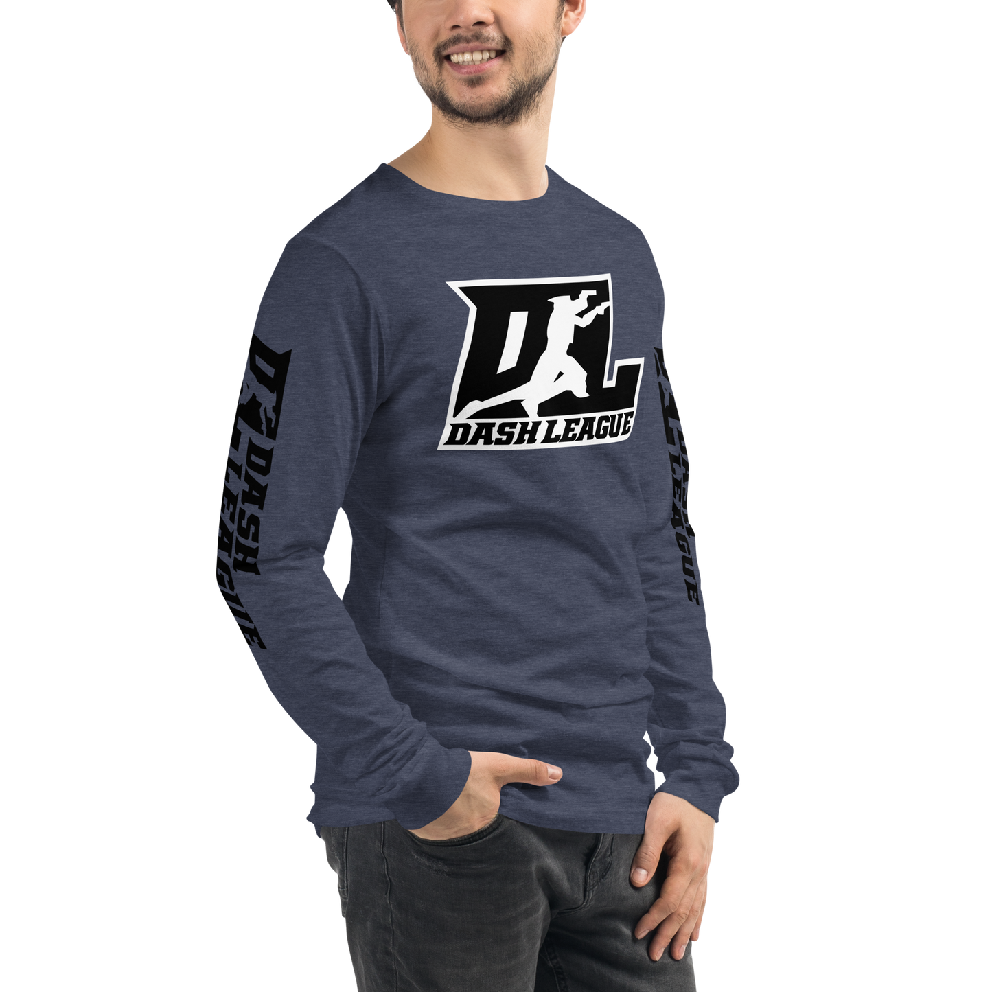 Camisa unisex de manga larga negra con logotipo DL en contorno blanco (parte delantera y mangas)