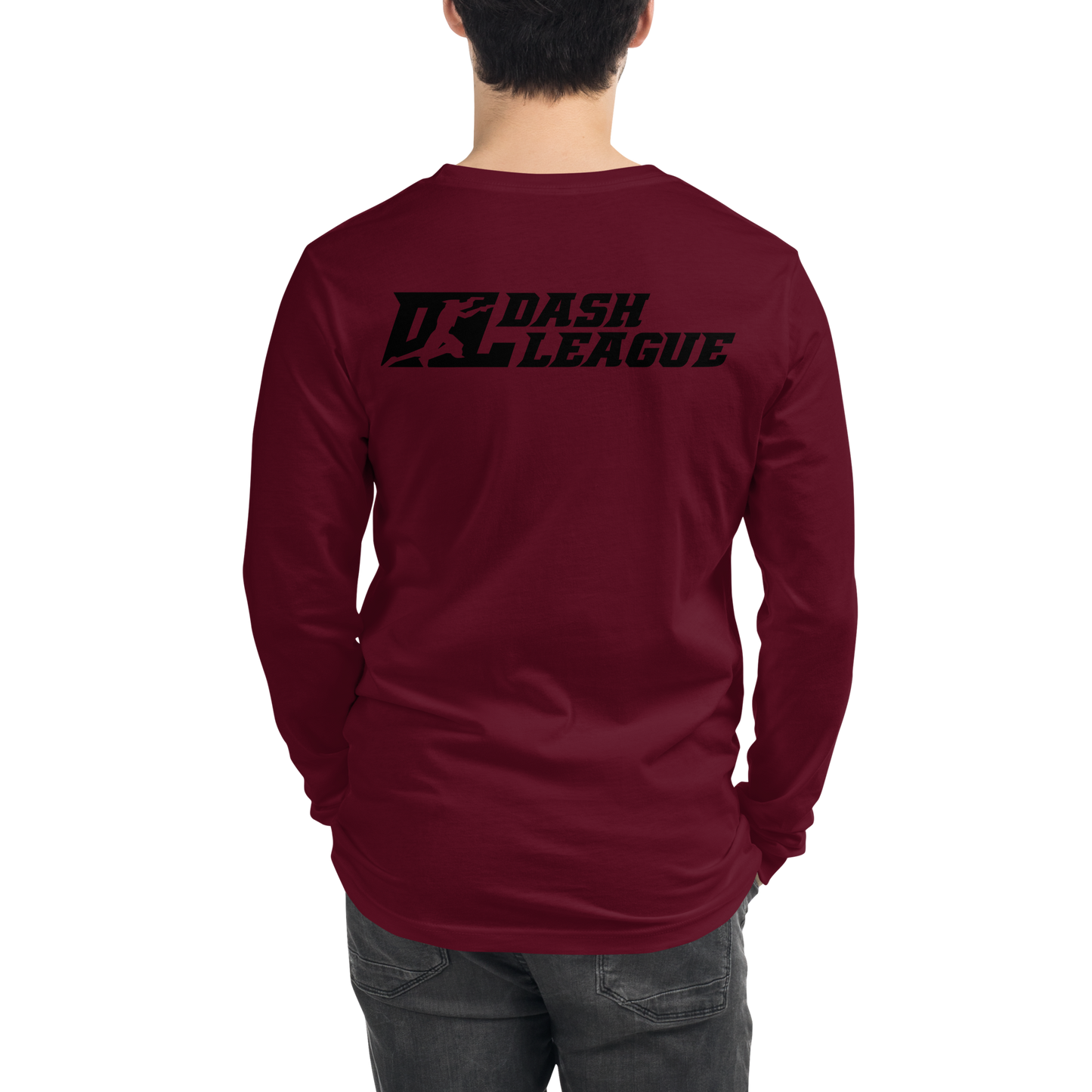 Camisa unisex de manga larga negra con logotipo DL en contorno blanco (parte delantera y trasera)