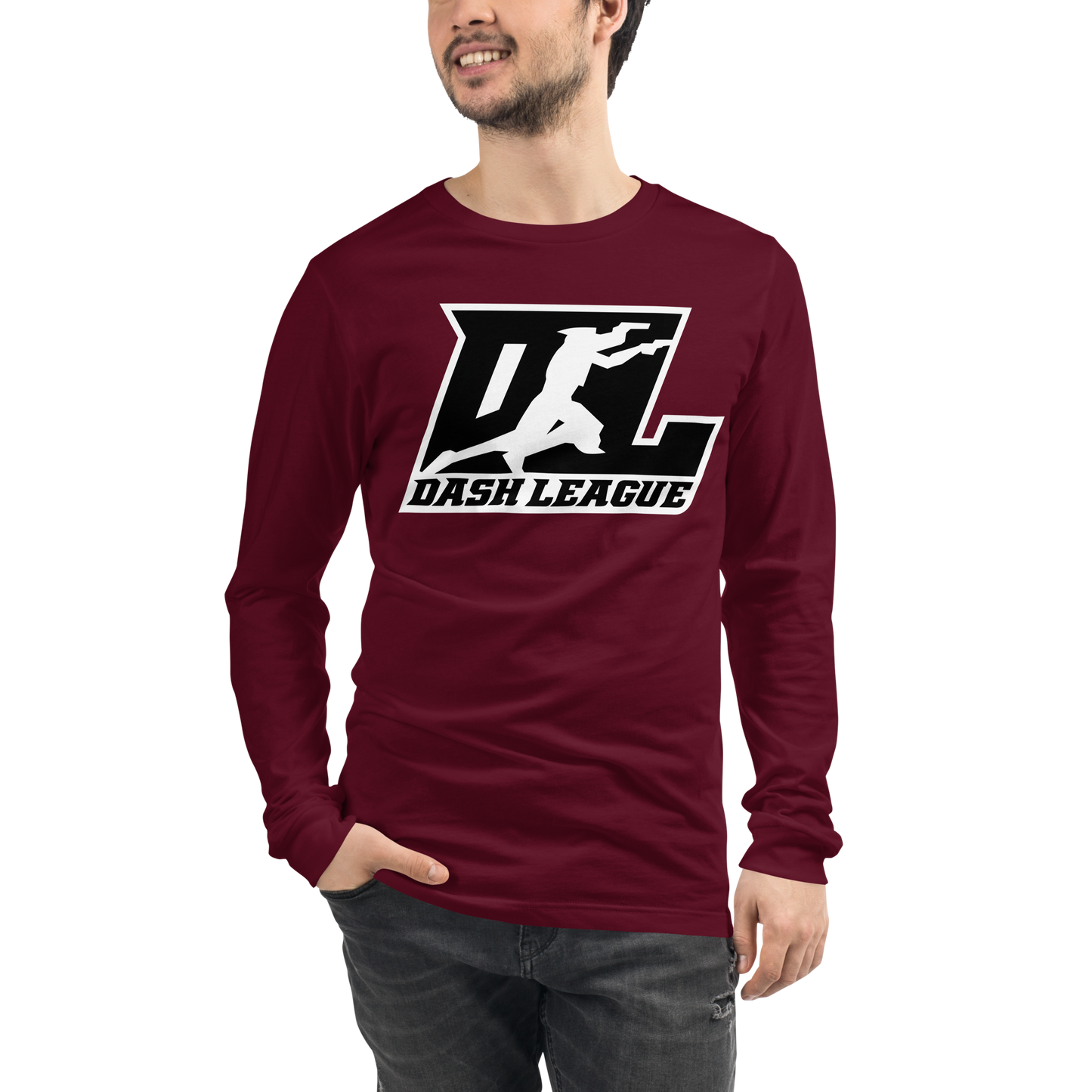 Camisa unisex de manga larga negra con logotipo DL en contorno blanco (parte delantera y trasera)