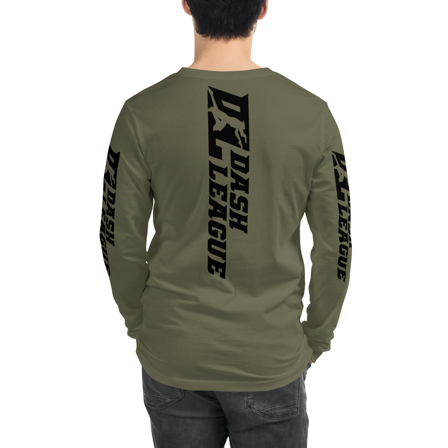 Camisa unisex de manga larga negra con logotipo DL ancho (parte delantera, trasera y mangas)