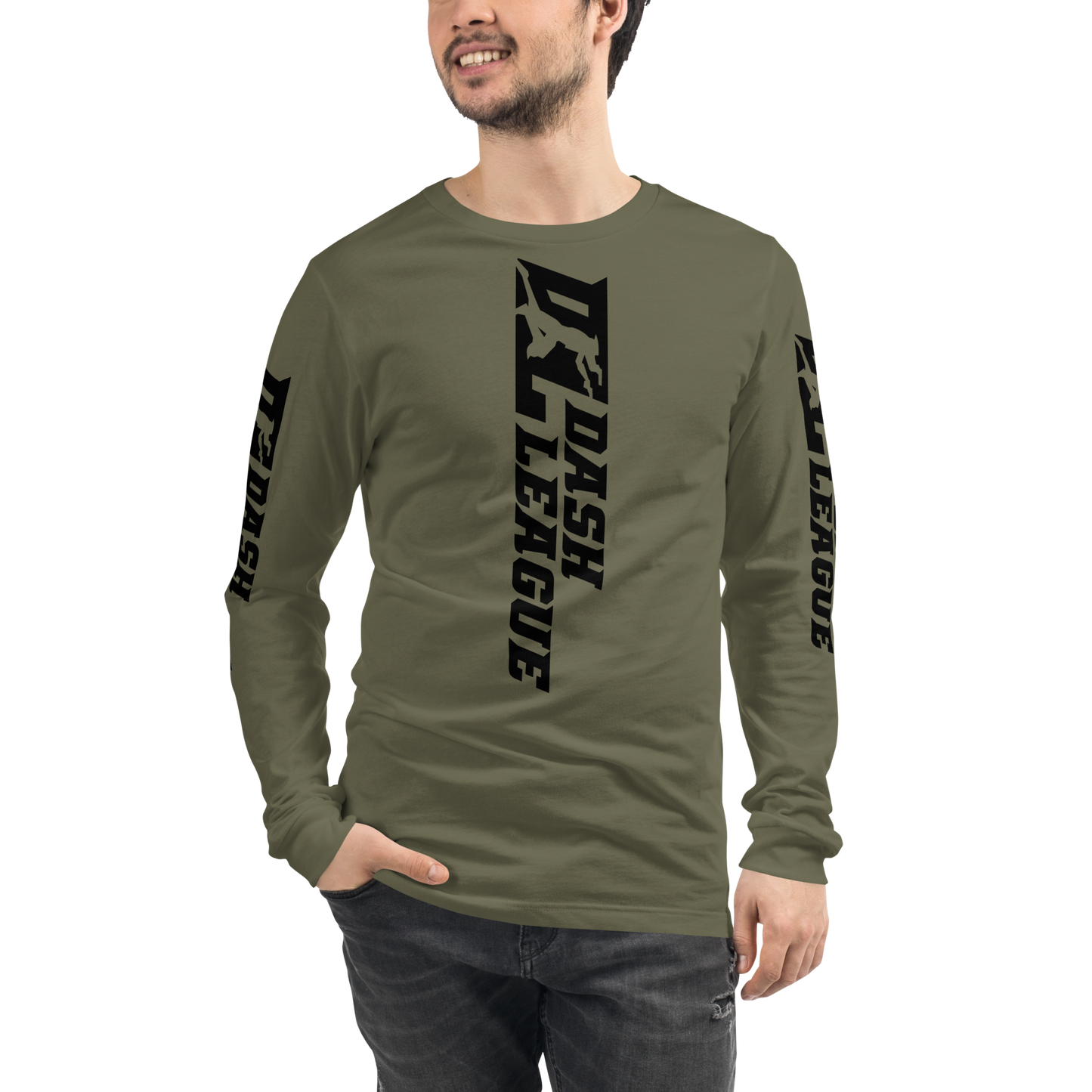 Camisa unisex de manga larga negra con logotipo DL ancho (parte delantera, trasera y mangas)