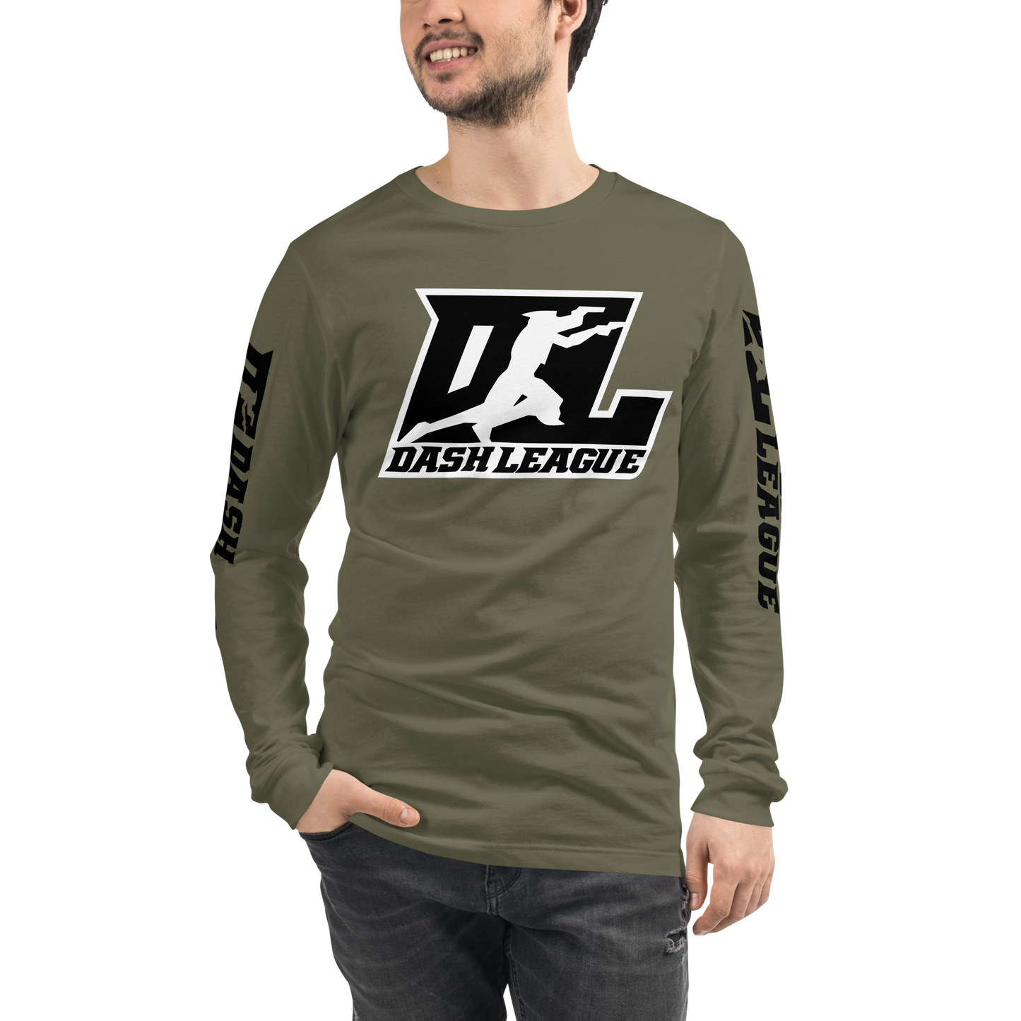 Camisa unisex de manga larga negra con logotipo DL en contorno blanco (parte delantera y mangas)