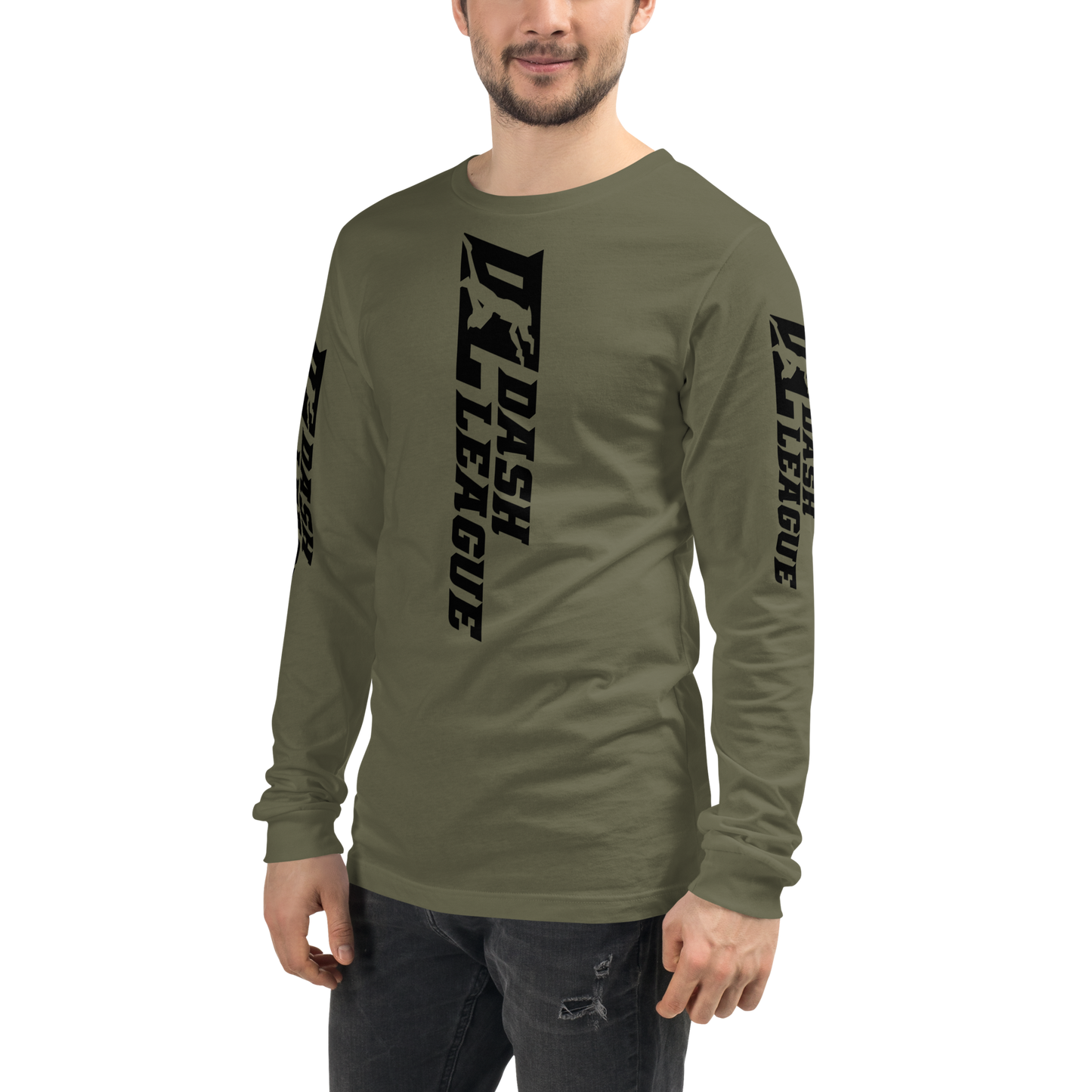 Camisa unisex de manga larga negra con logotipo DL ancho (parte delantera, trasera y mangas)