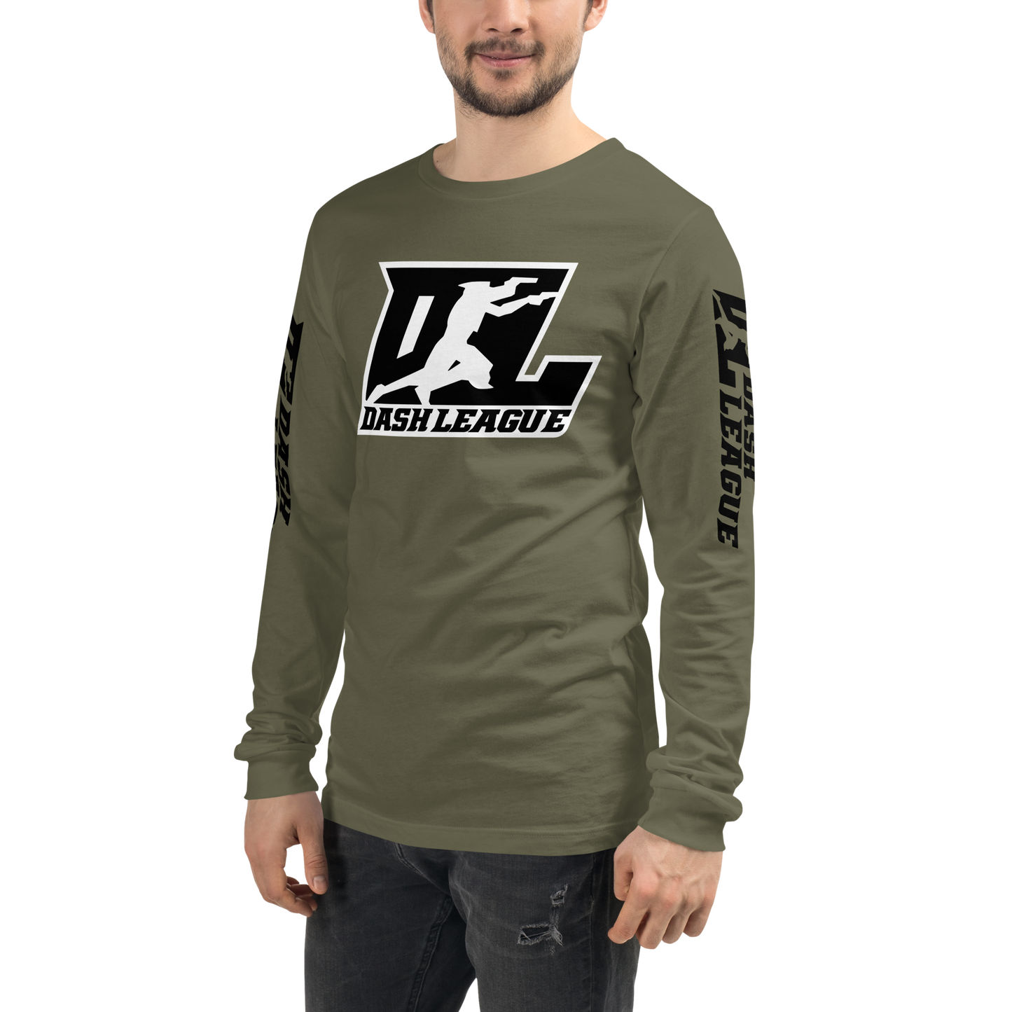 Camisa unisex de manga larga negra con logotipo DL en contorno blanco (parte delantera y mangas)