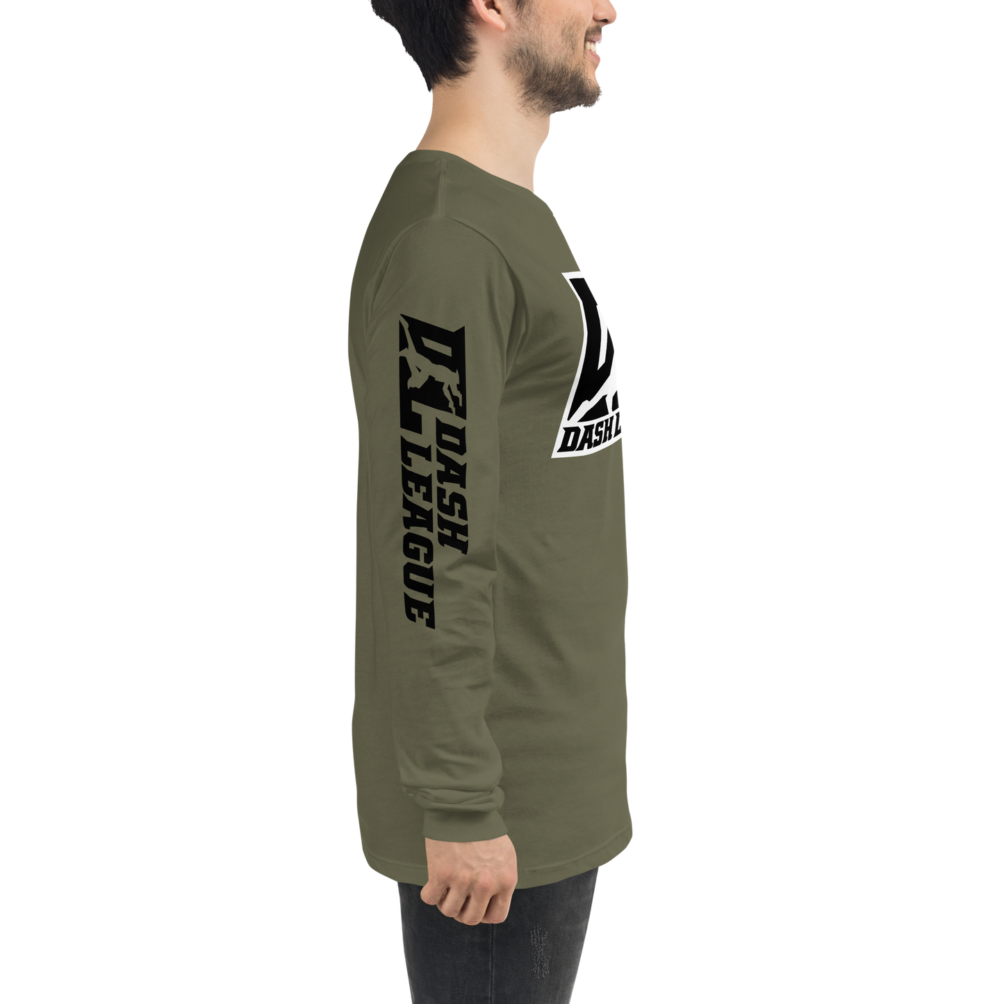 Camisa unisex de manga larga negra con logotipo DL en contorno blanco (parte delantera y mangas)