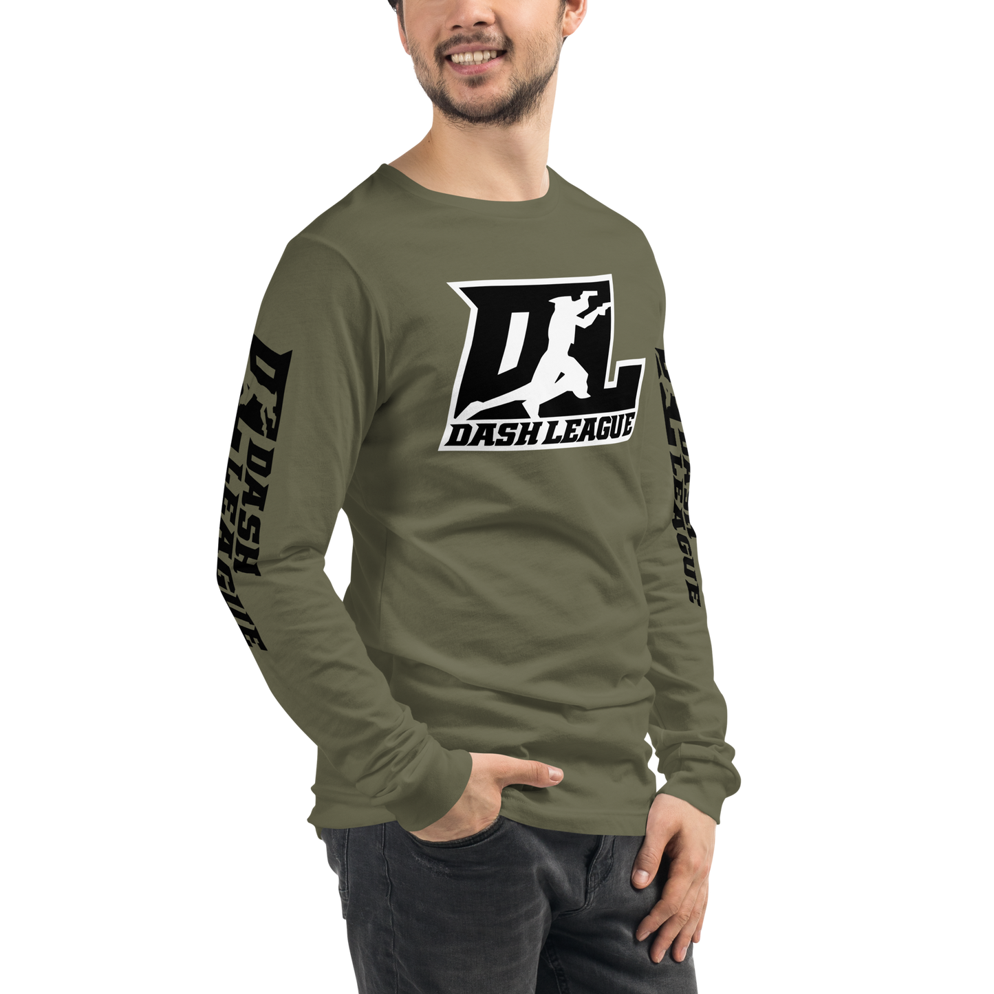 Camisa unisex de manga larga negra con logotipo DL en contorno blanco (parte delantera y mangas)