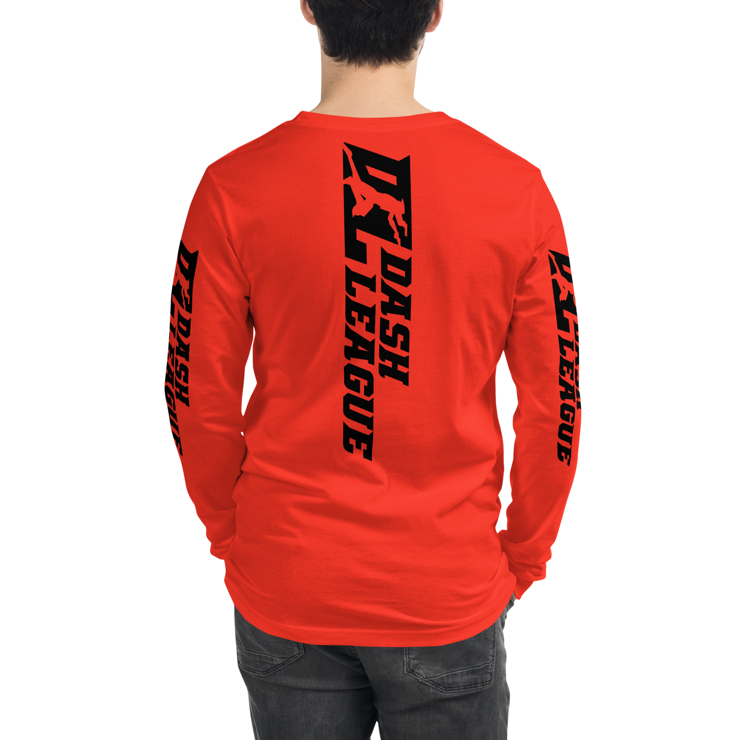 Camisa unisex de manga larga negra con logotipo DL ancho (parte delantera, trasera y mangas)