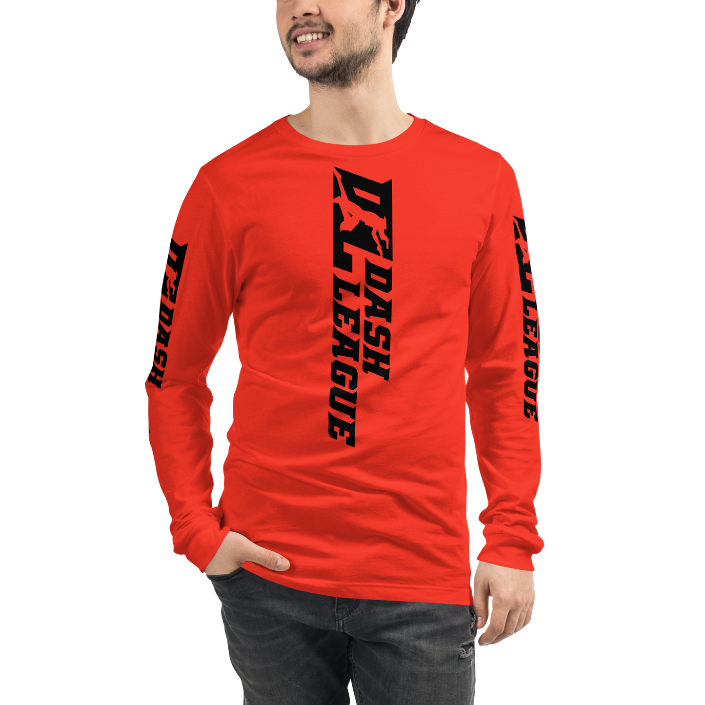 Camisa unisex de manga larga negra con logotipo DL ancho (parte delantera, trasera y mangas)