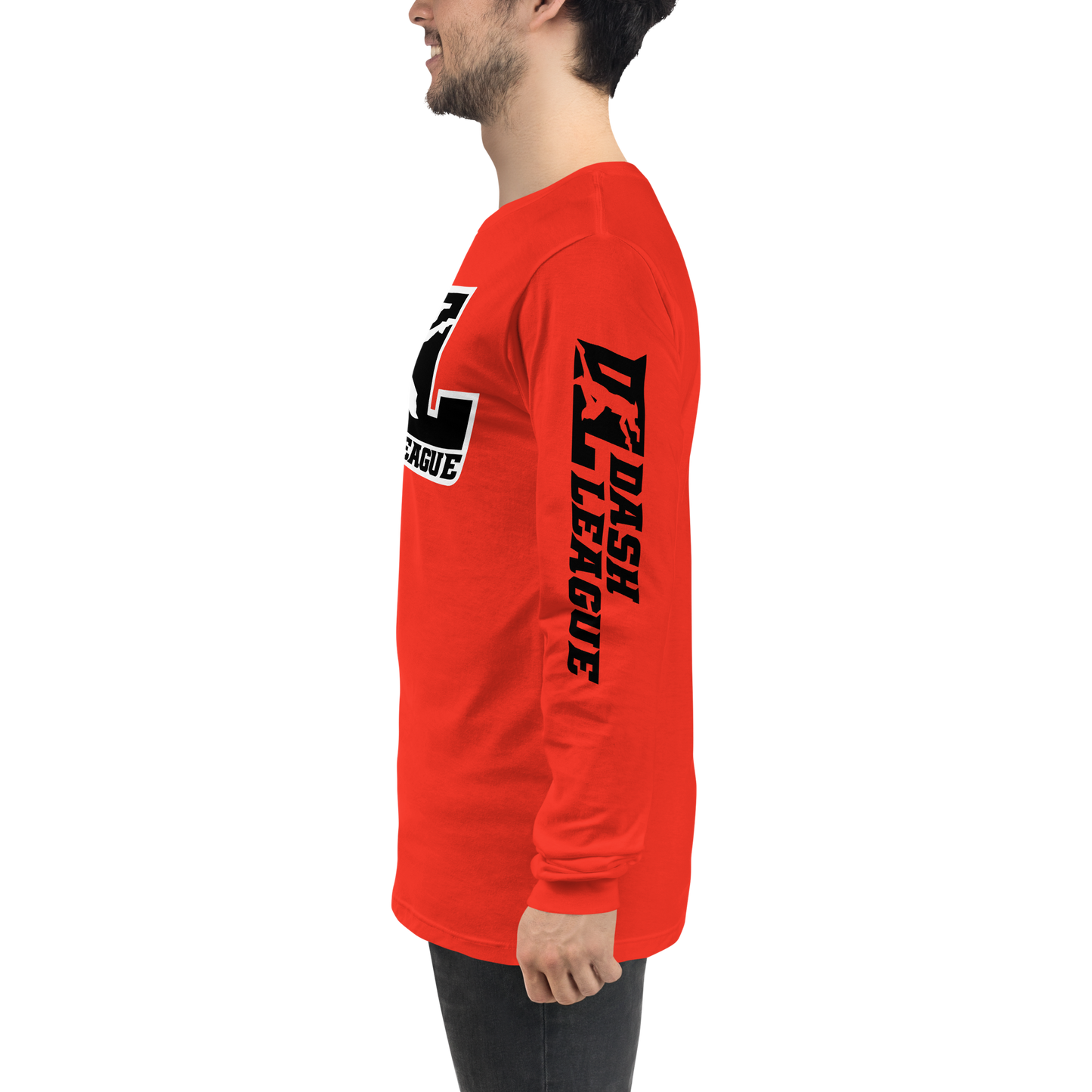 Camisa unisex de manga larga negra con logotipo DL en contorno blanco (parte delantera y mangas)