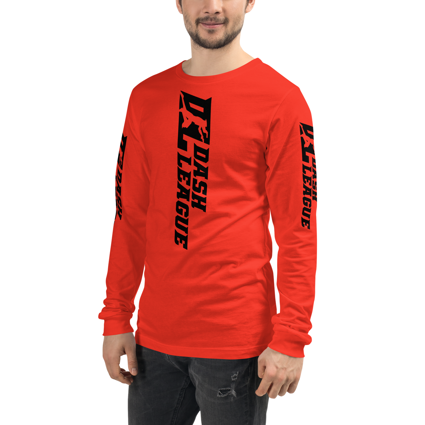 Camisa unisex de manga larga negra con logotipo DL ancho (parte delantera, trasera y mangas)