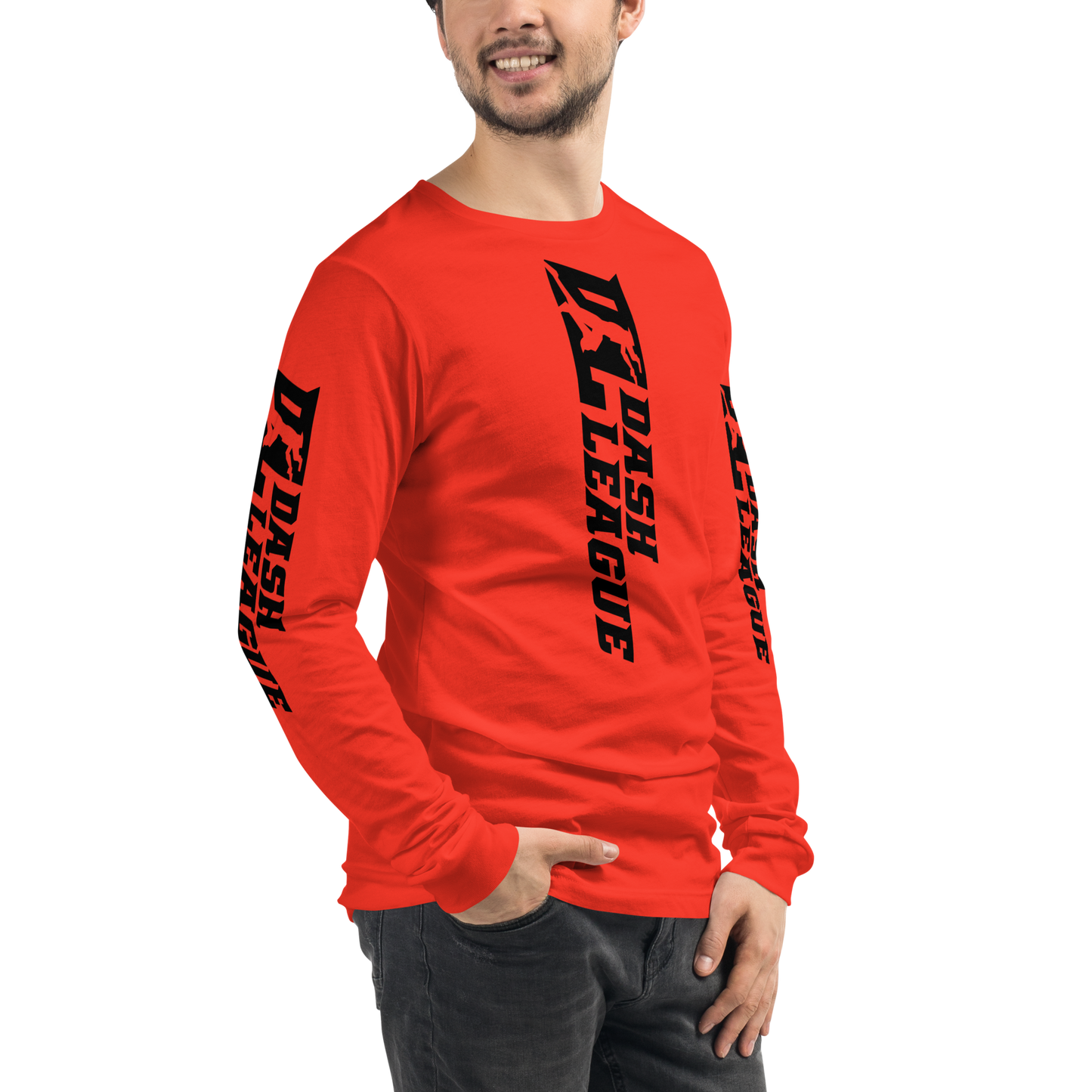 Camisa unisex de manga larga negra con logotipo DL ancho (parte delantera, trasera y mangas)