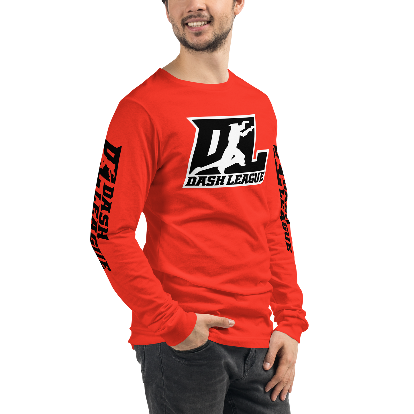 Camisa unisex de manga larga negra con logotipo DL en contorno blanco (parte delantera y mangas)
