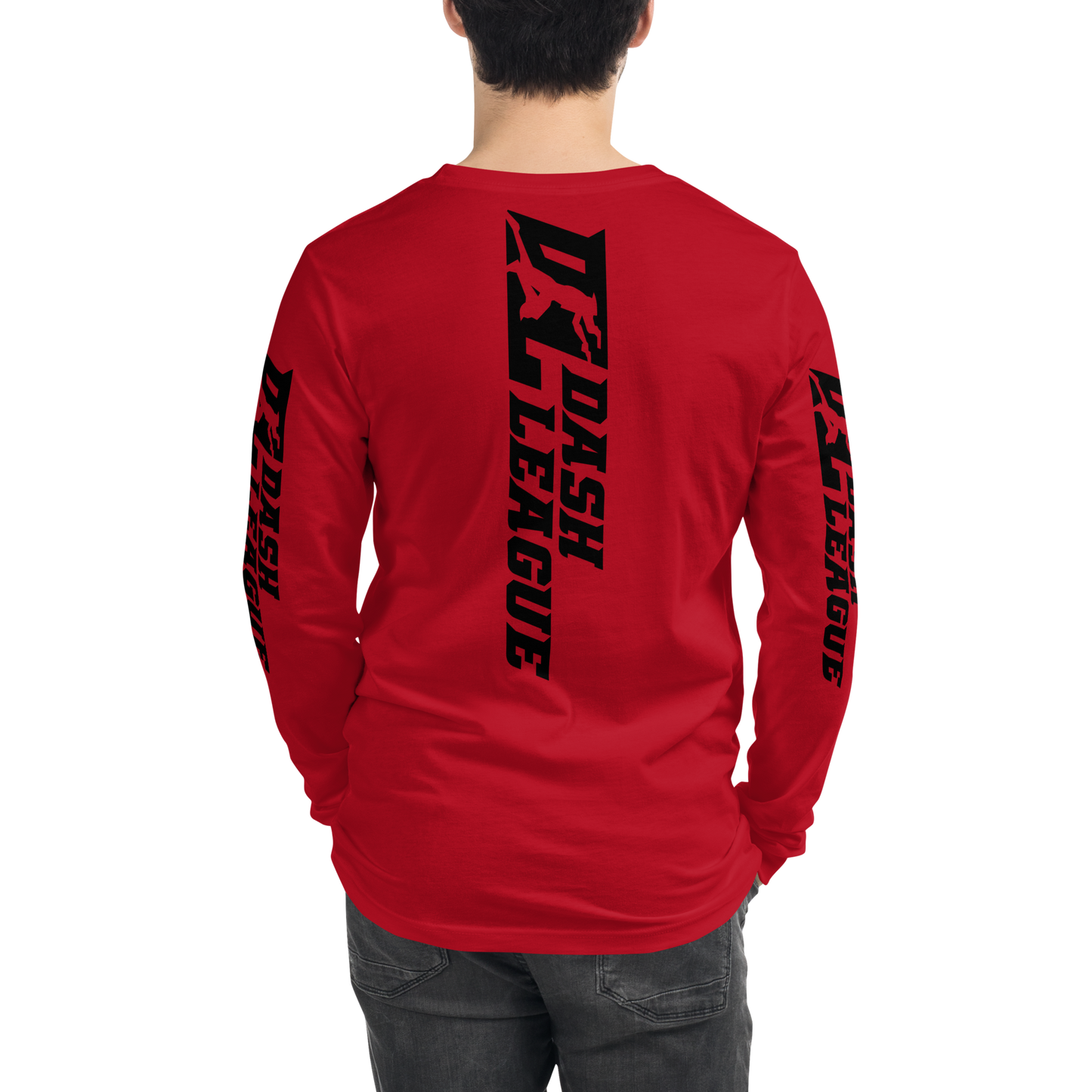 Camisa unisex de manga larga negra con logotipo DL ancho (parte delantera, trasera y mangas)