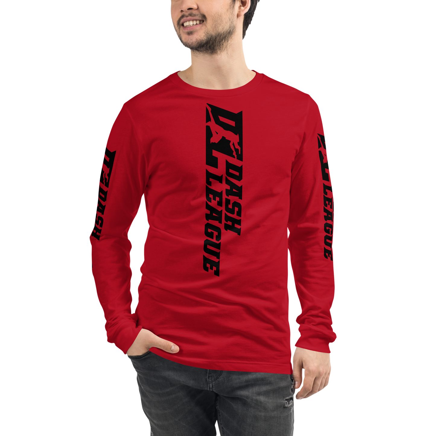 Camisa unisex de manga larga negra con logotipo DL ancho (parte delantera, trasera y mangas)