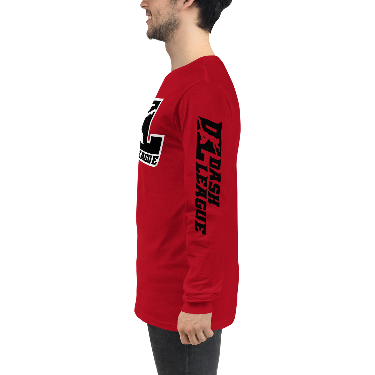 Camisa unisex de manga larga negra con logotipo DL en contorno blanco (parte delantera y mangas)
