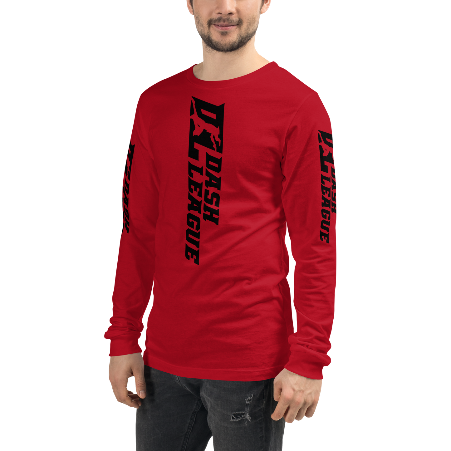 Camisa unisex de manga larga negra con logotipo DL ancho (parte delantera, trasera y mangas)