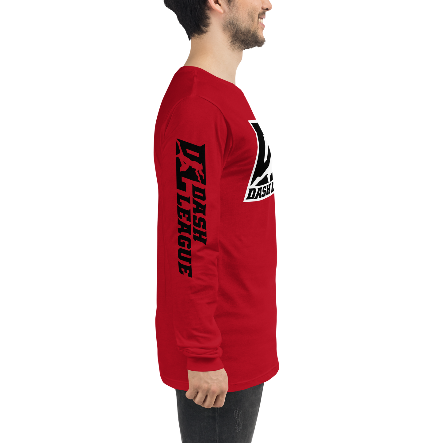 Camisa unisex de manga larga negra con logotipo DL en contorno blanco (parte delantera y mangas)