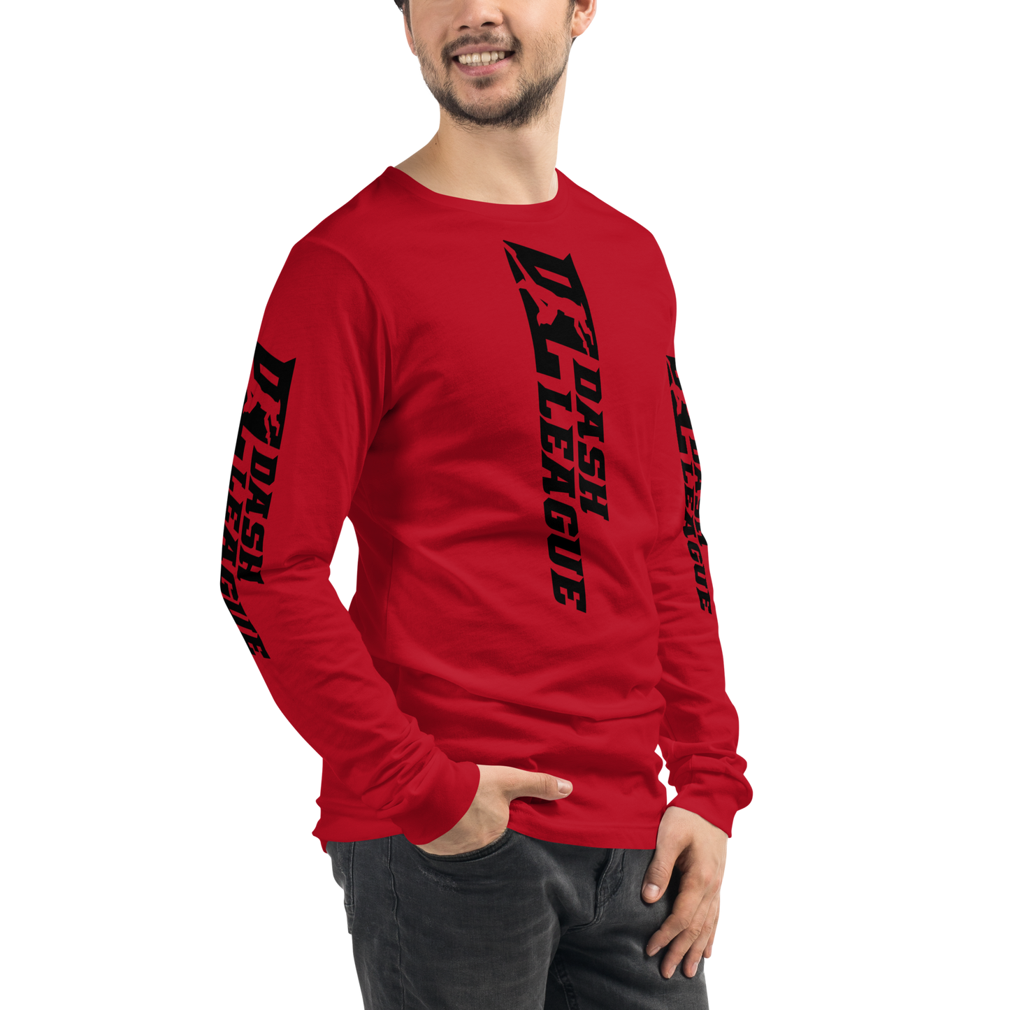 Camisa unisex de manga larga negra con logotipo DL ancho (parte delantera, trasera y mangas)