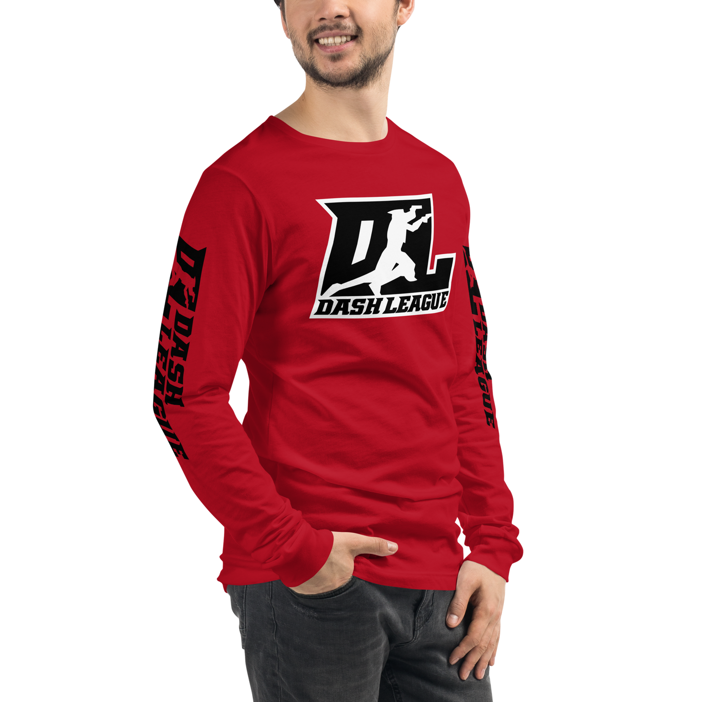 Camisa unisex de manga larga negra con logotipo DL en contorno blanco (parte delantera y mangas)